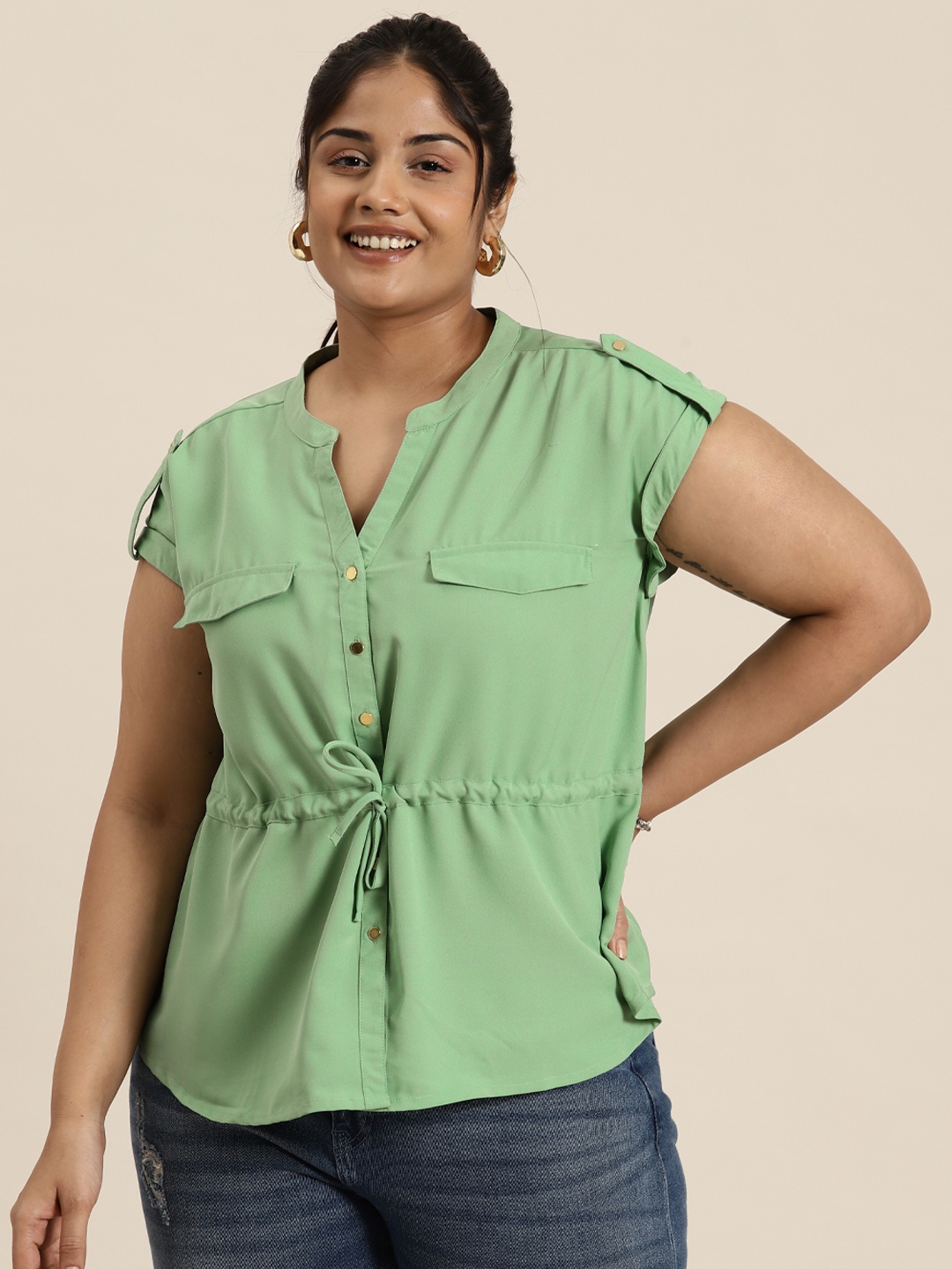 

Sztori Plus Size Mandarin Collar Tie-Up Waist Shirt Style Top, Green