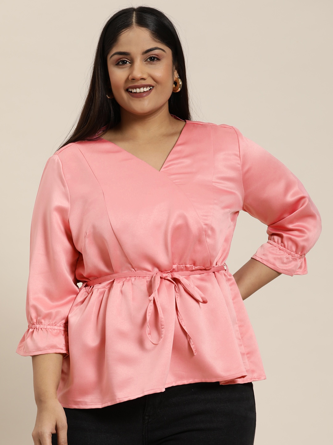 

Sztori Plus Size Puff Sleeves Satin Finish Wrap Top, Pink