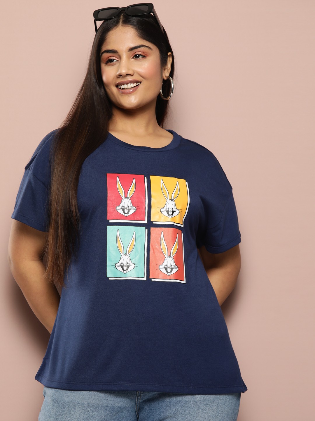 

Sztori Plus Size Printed Drop-Shoulder Sleeves T-shirt, Blue