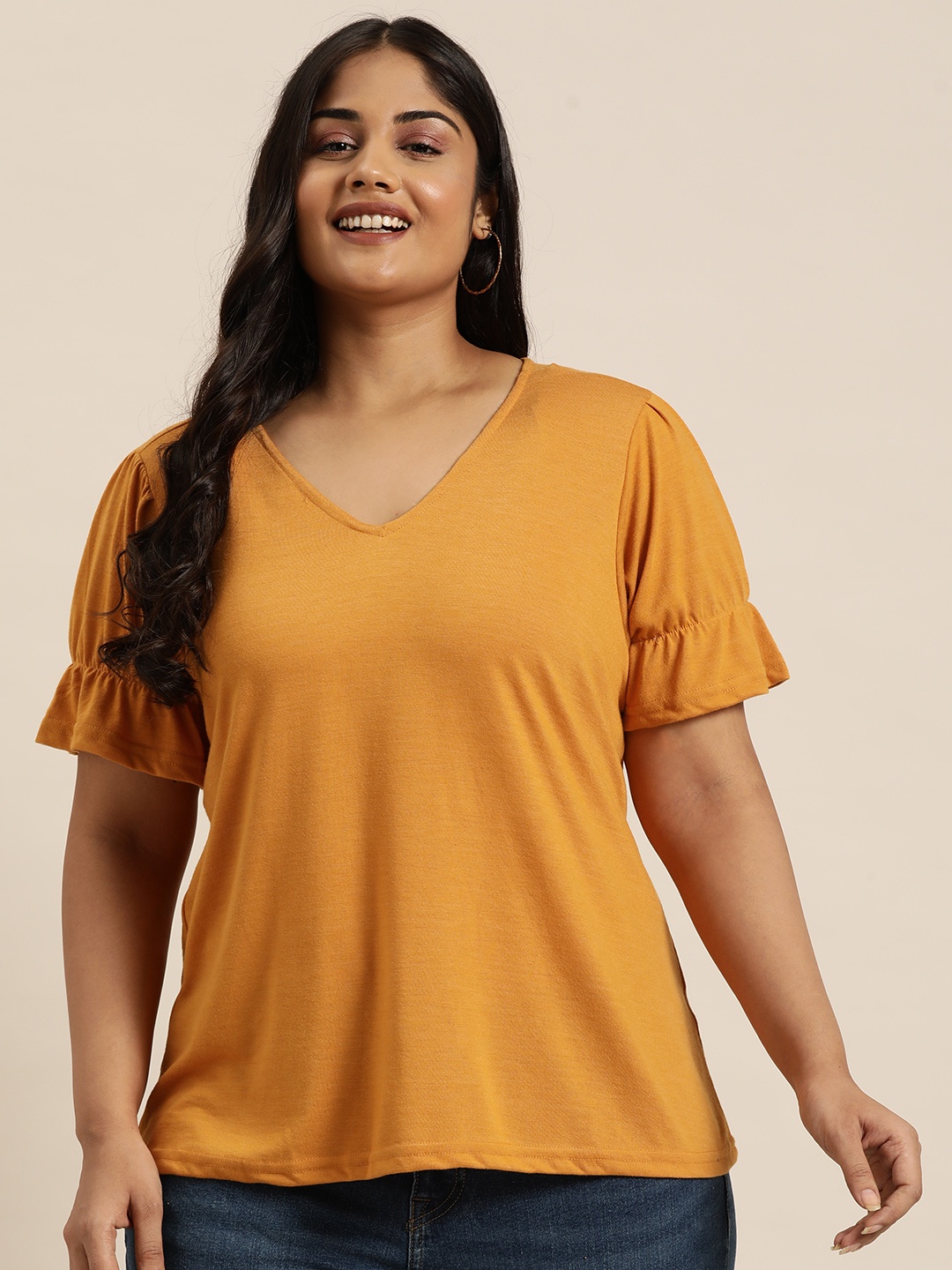 

Sztori Plus Size Puff Sleeve Top, Mustard