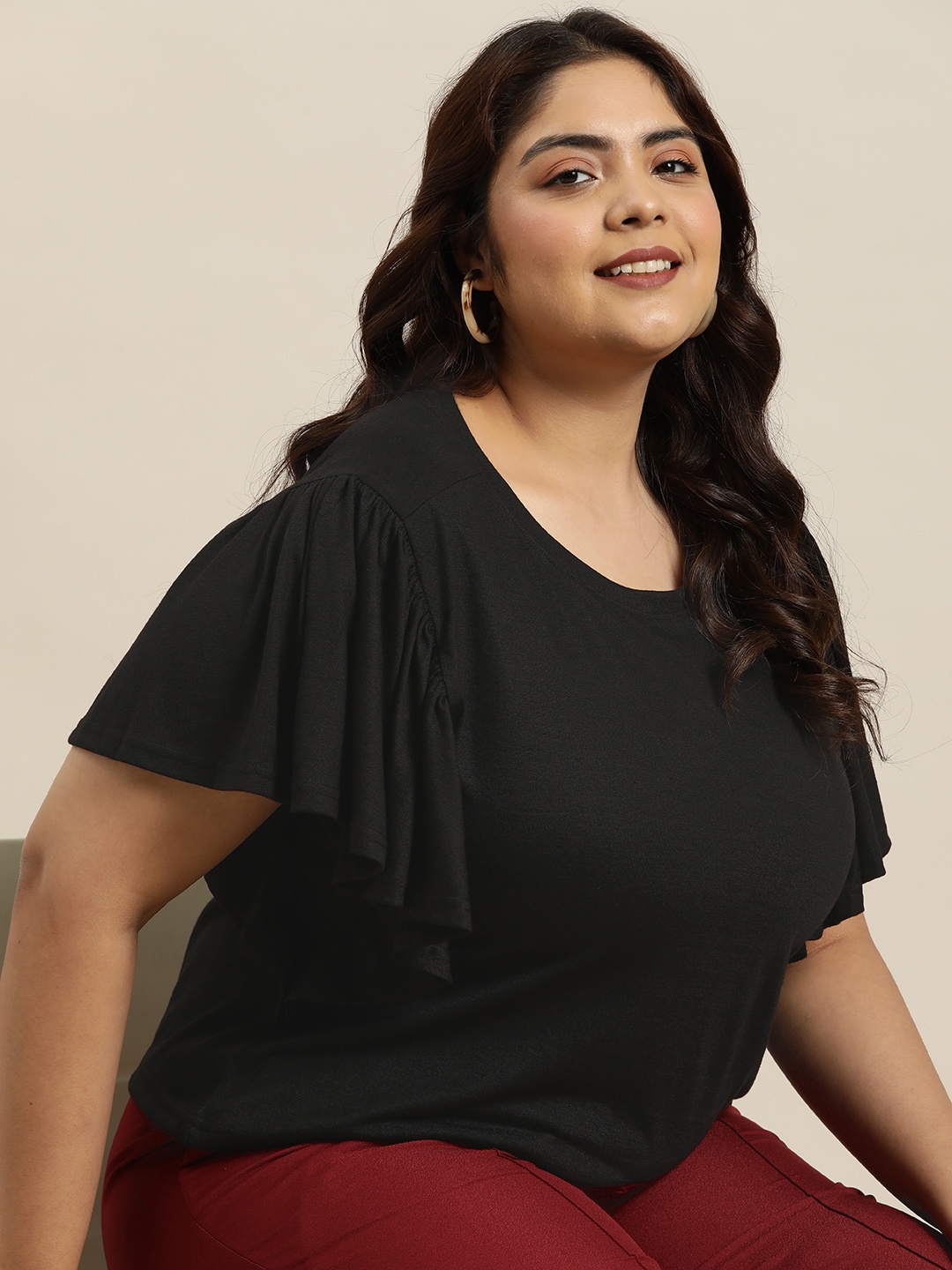 

Sztori Plus Size Flared Sleeve Top, Black