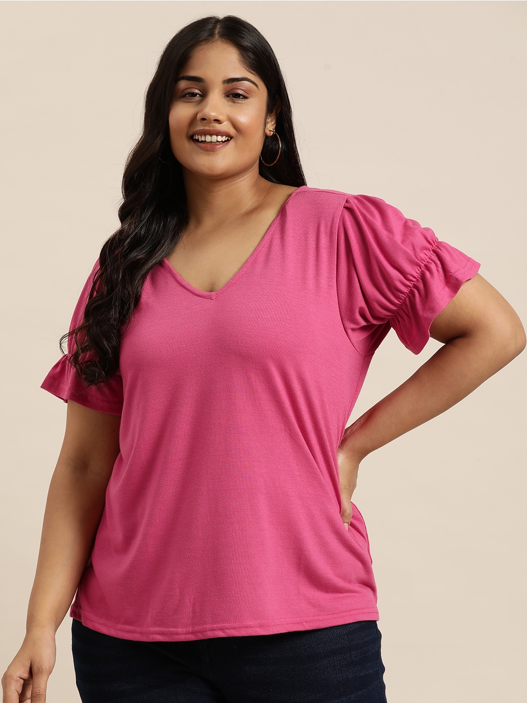 

Sztori Plus Size Puff Sleeve Top, Pink