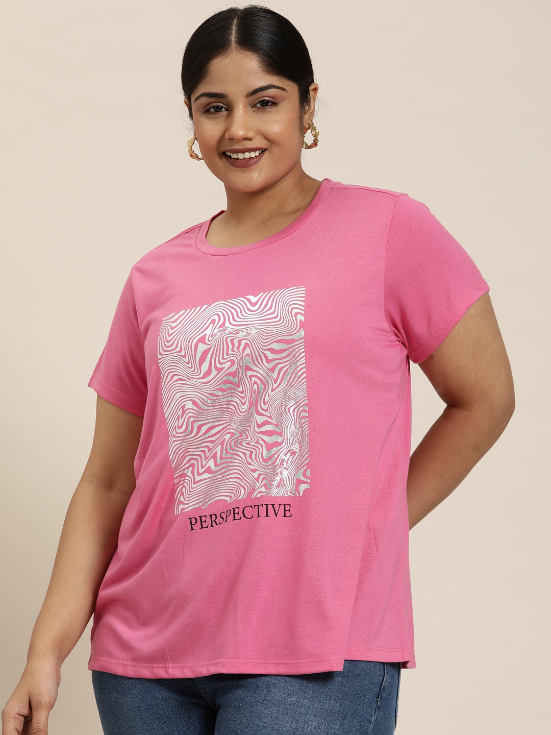 

Sztori Plus Size Abstract Printed T-shirt, Pink