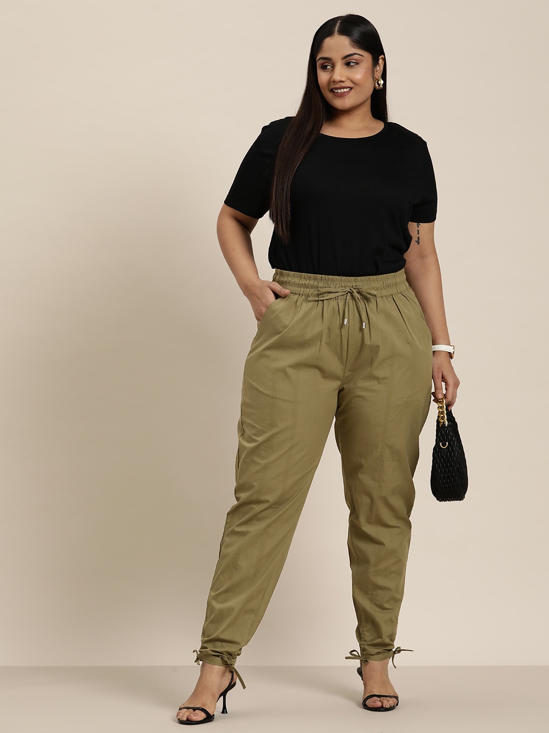 

Sztori Women Plus Size Pure Cotton Tie-Up Hem High-Rise Trousers, Khaki