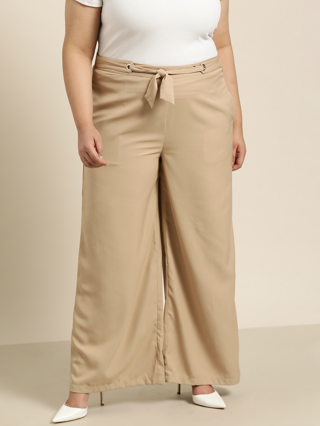 

Sztori Women Plus Size Flared Parallel Trousers, Beige