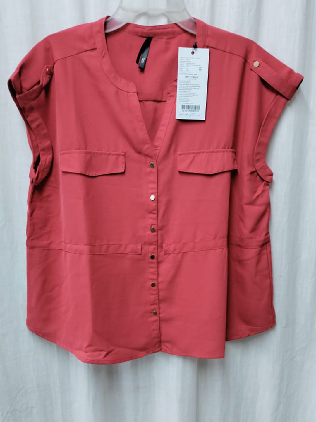 

Sztori Coral Mandarin Collar Roll-Up Sleeves Shirt Style Top