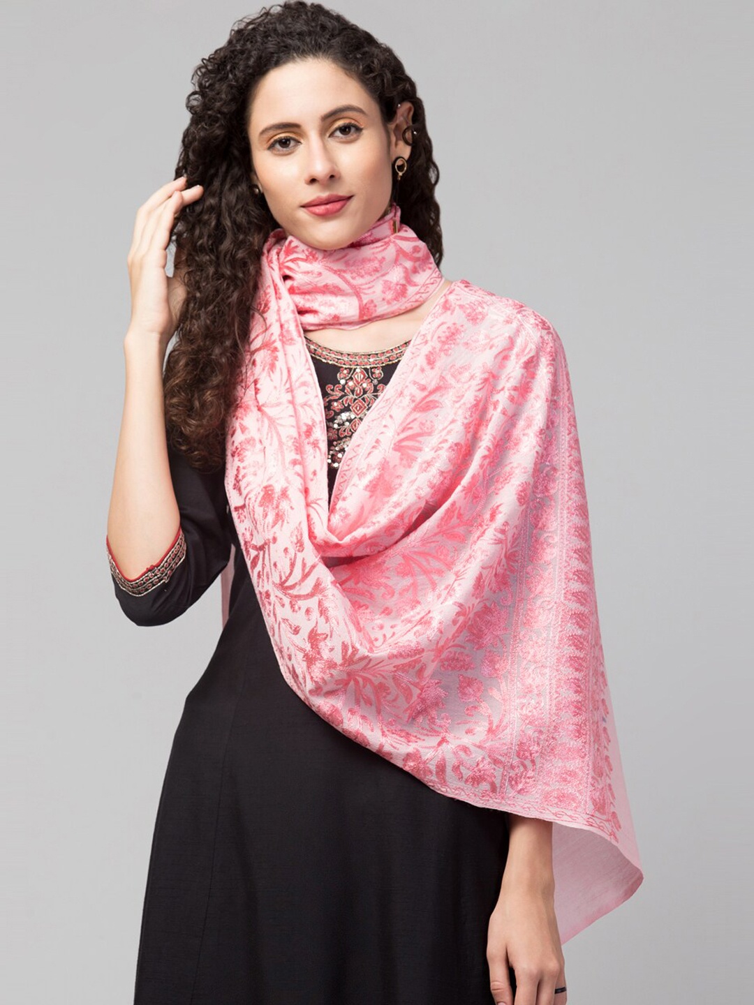 

Tweedle Women Floral Embroidered Pure Woolen Kashmiri Shawl, Pink