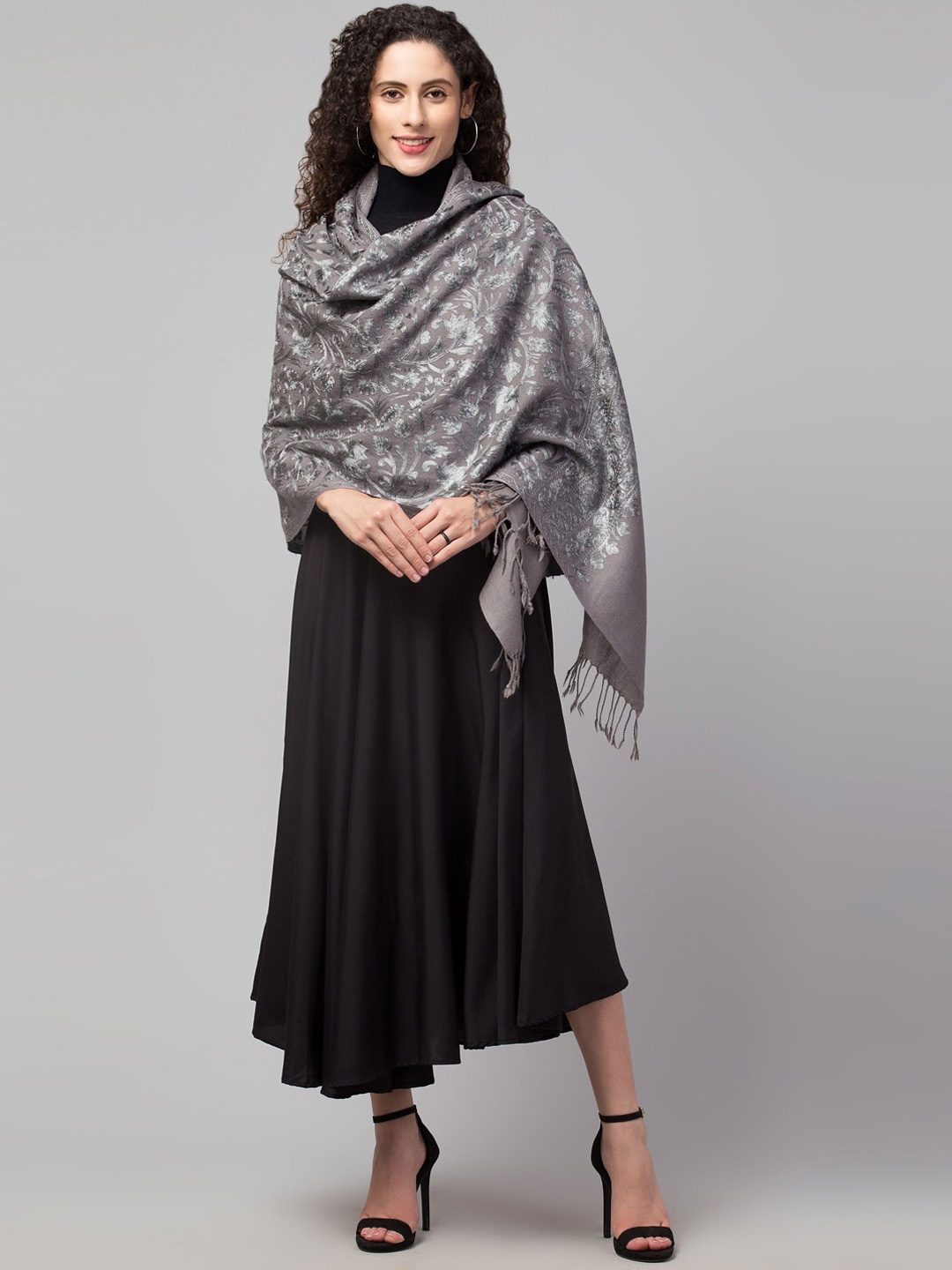 

Tweedle Women Embroidered Pure Wool Kashmiri Shawl, Grey