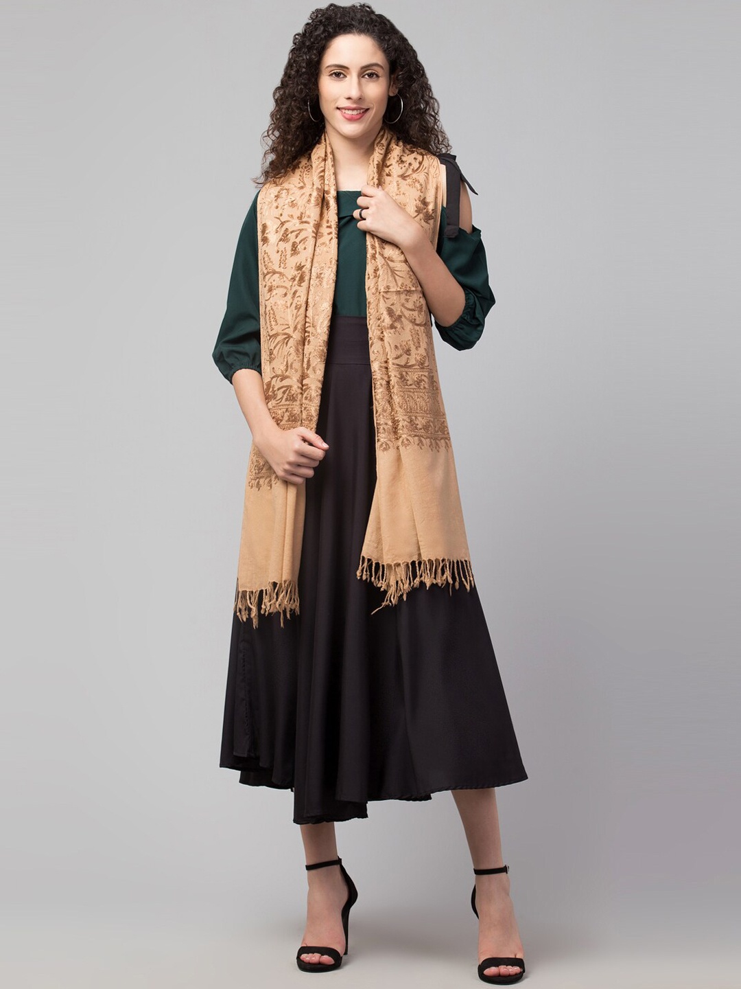 

Tweedle Women Jaal Embroidered Pure Wool Shawl, Beige