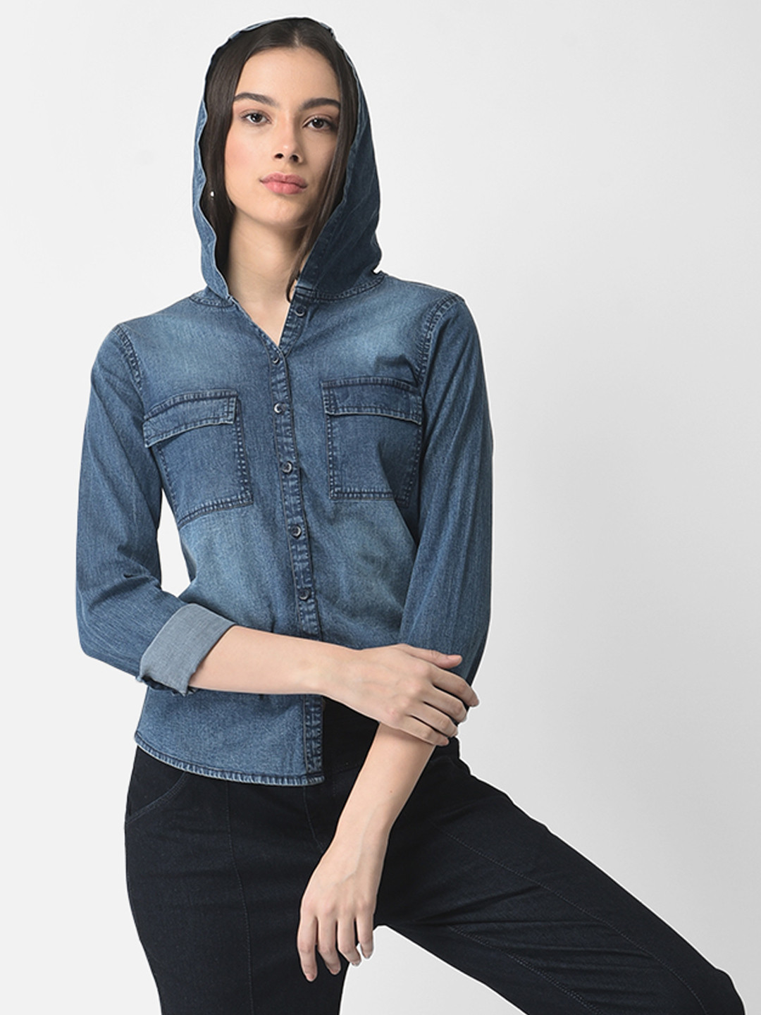 

Crimsoune Club Women Blue Slim Fit Faded Faded Casual Shirt