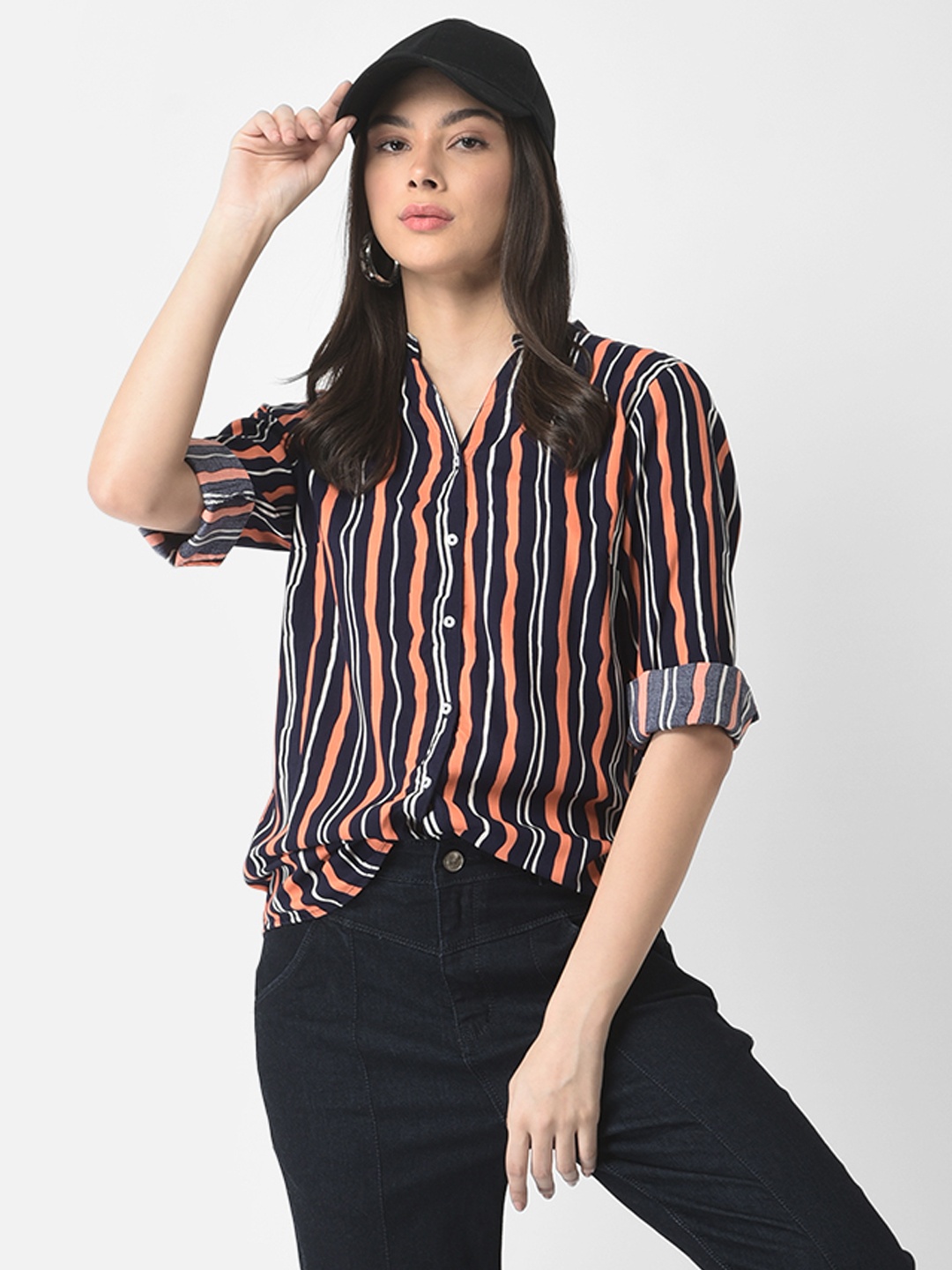 

Crimsoune Club Women Black Comfort Striped Casual Shirt