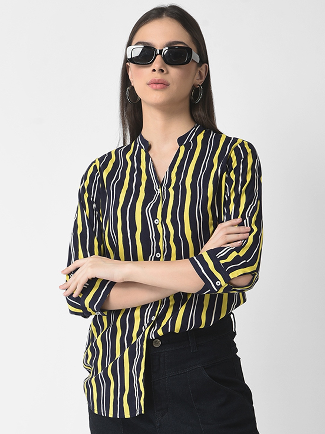 

Crimsoune Club Women Black Comfort Striped Casual Shirt