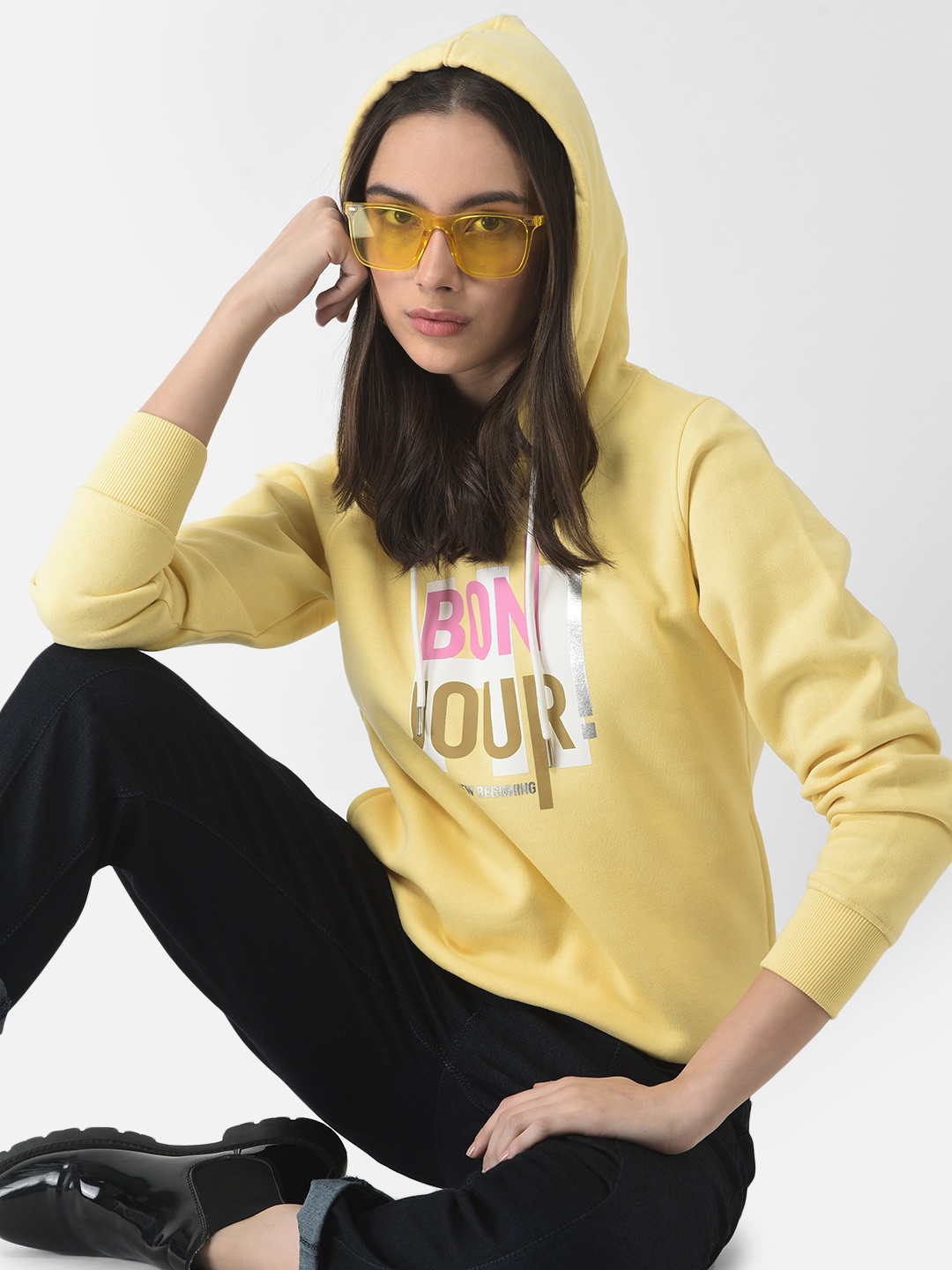 

Crimsoune Club Women Yellow Printed Hooded Sweatshirt