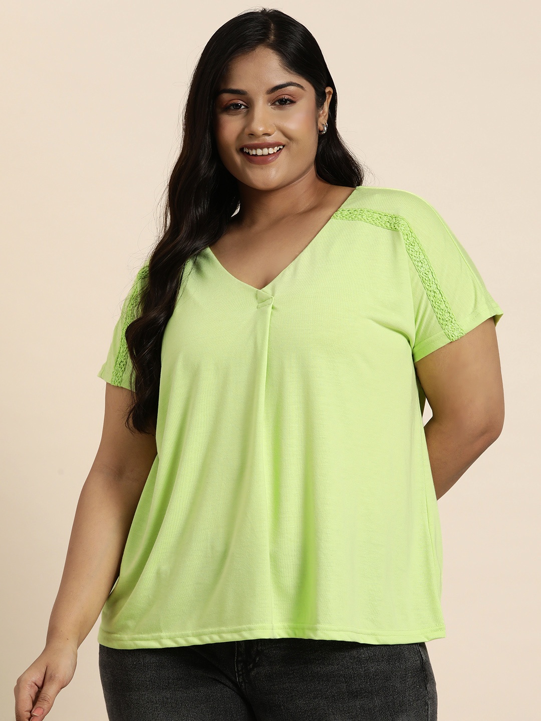 

Sztori Plus Size Lace Insert Extended Sleeves Top, Lime green