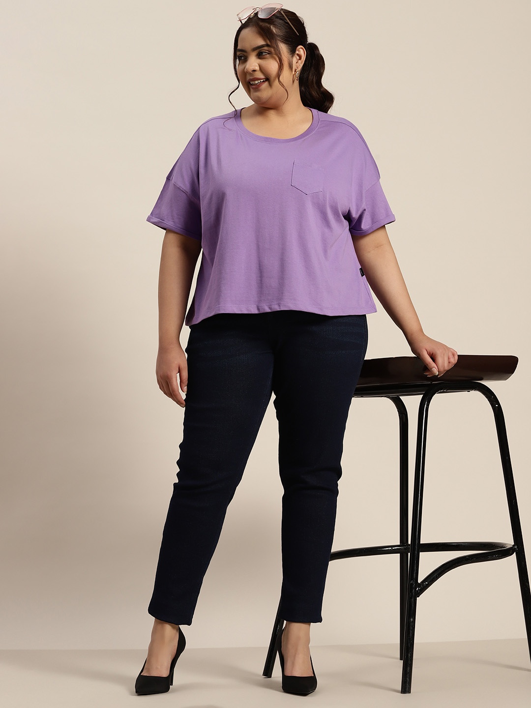 

Sztori Women Plus Size Solid Drop-Shoulder Sleeves T-shirt, Lavender