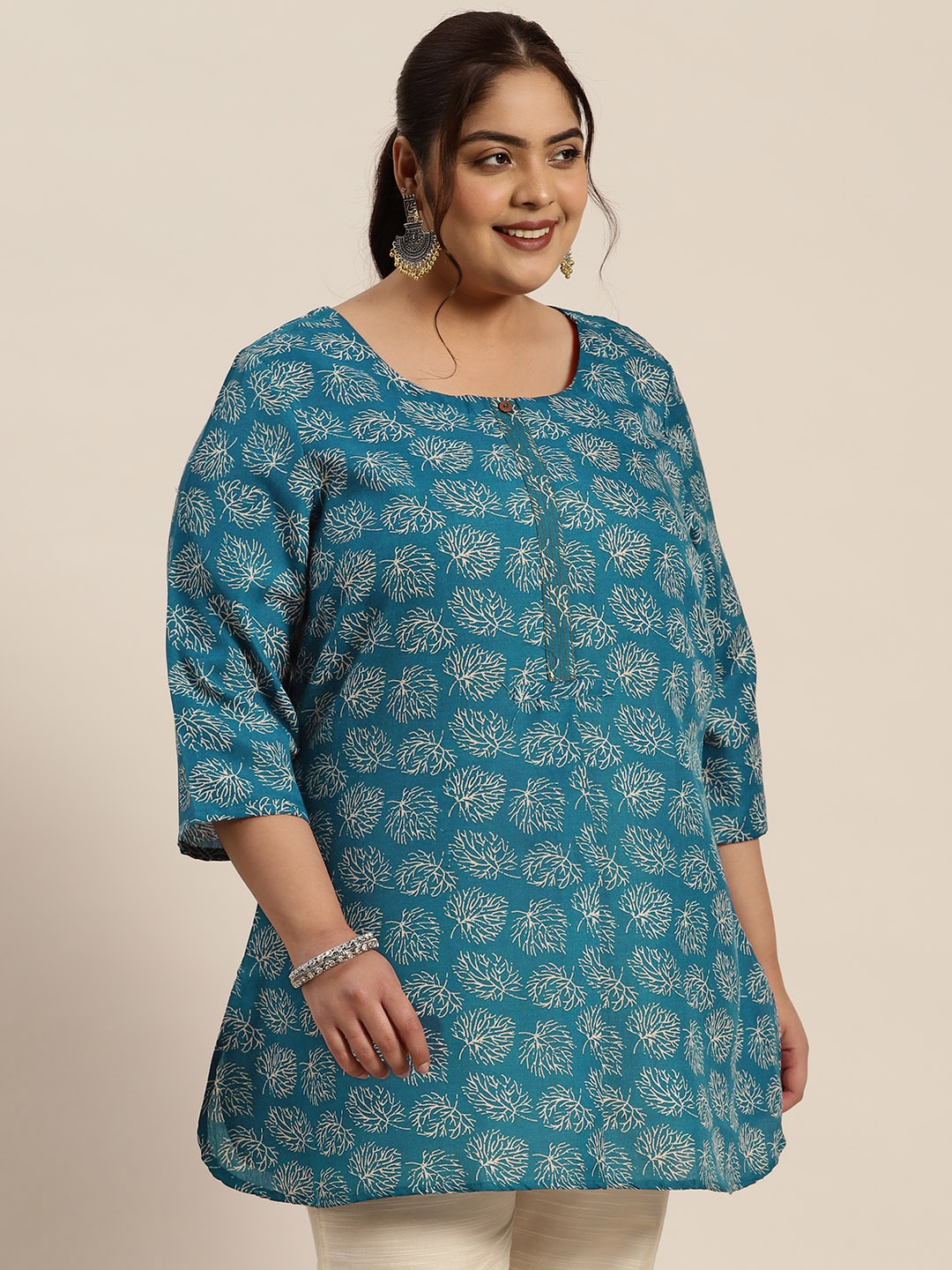 

Sztori Plus Size Floral Printed A-Line Kurti, Teal