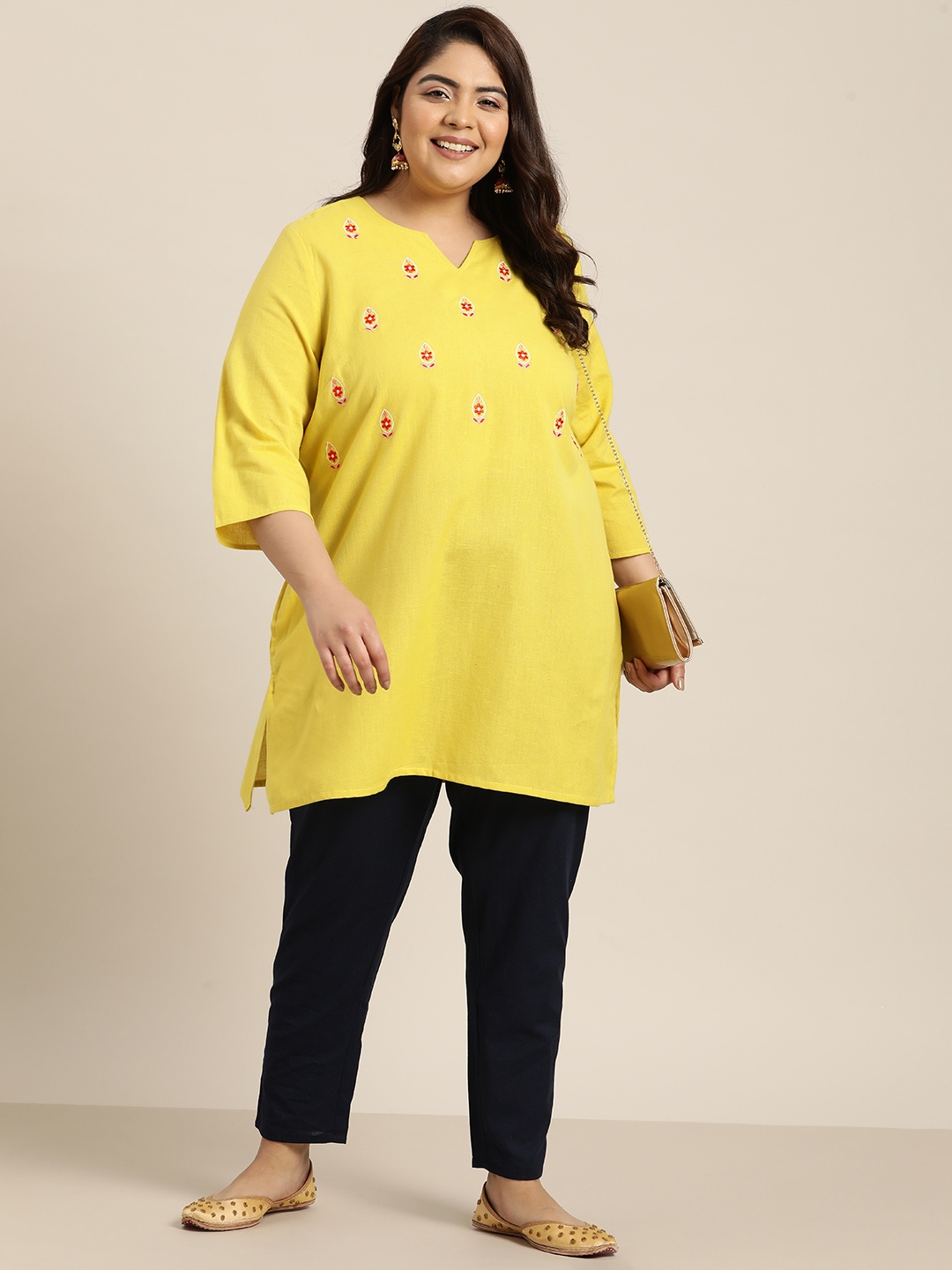 

Sztori Plus Size Ethnic Motifs Embroidered Kurti, Yellow