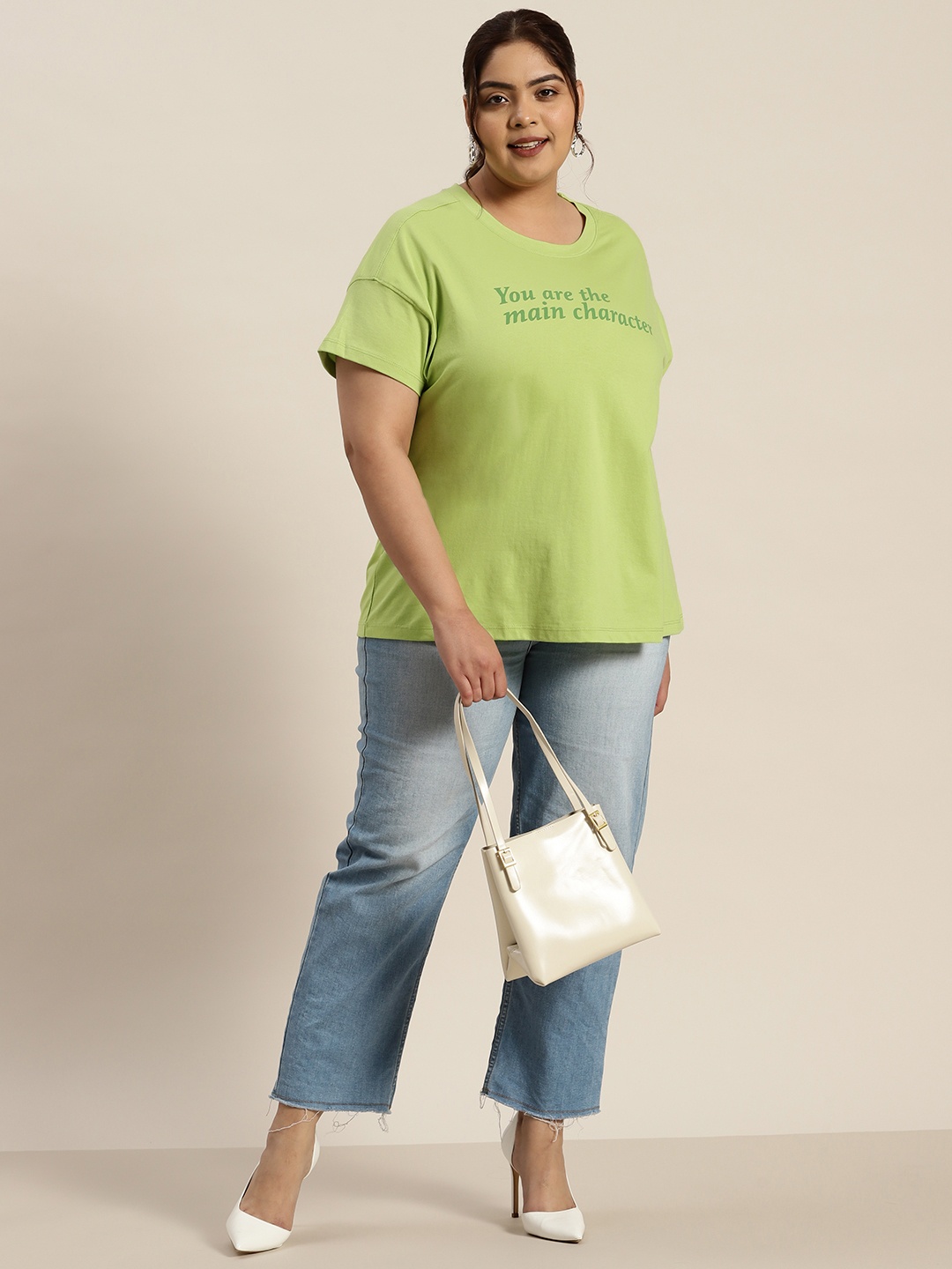 

Sztori Plus Size Printed Drop-Shoulder Sleeves T-shirt, Green