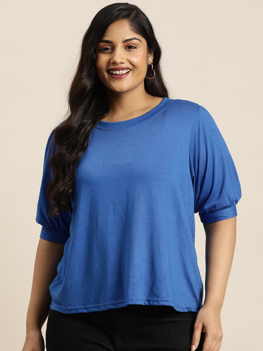 

Sztori Plus Size Puff Sleeves T-shirt, Blue