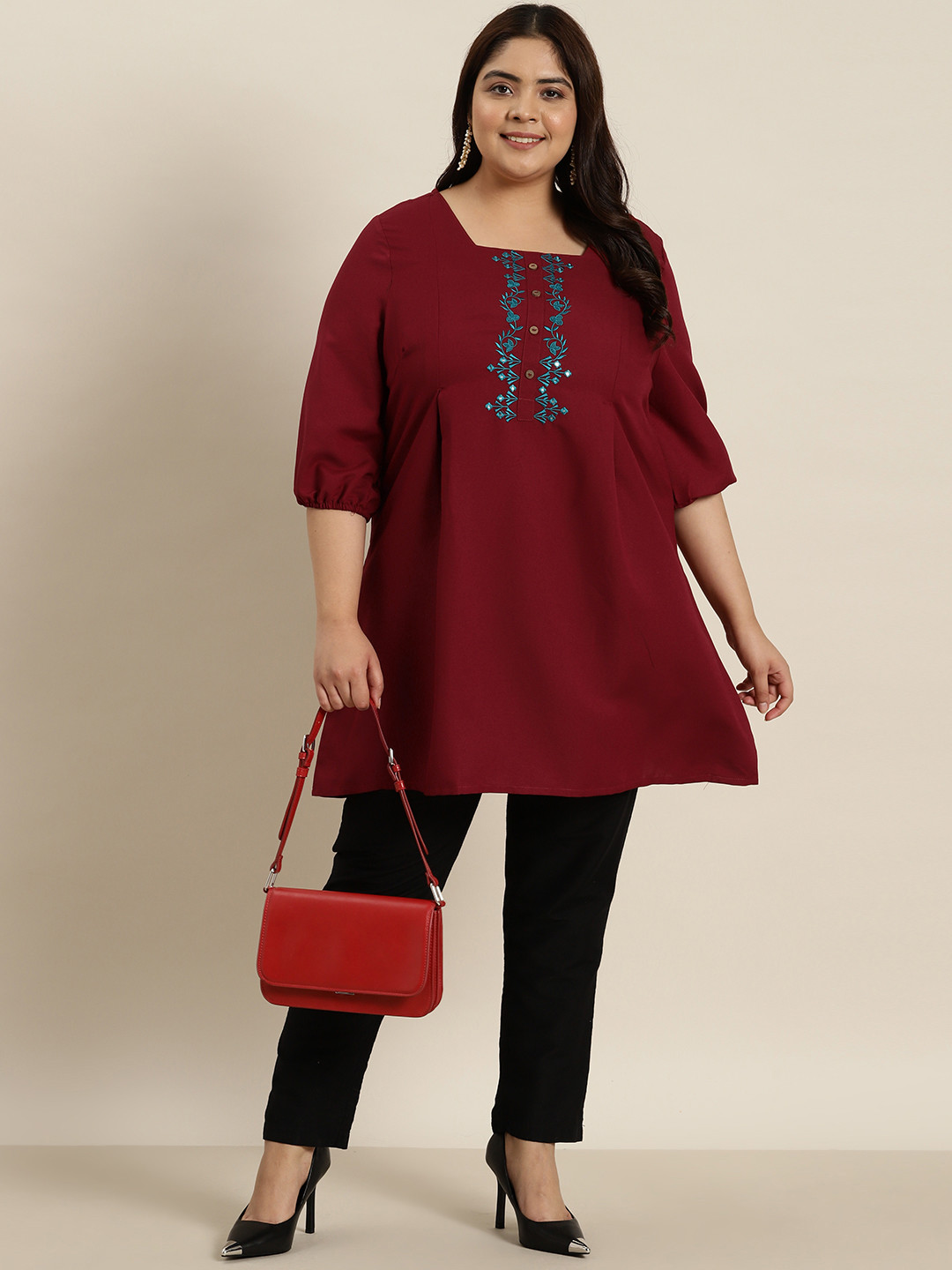 

Sztori Women Plus Size Embroidered Yoke Design Pleated A-Line Kurta, Maroon