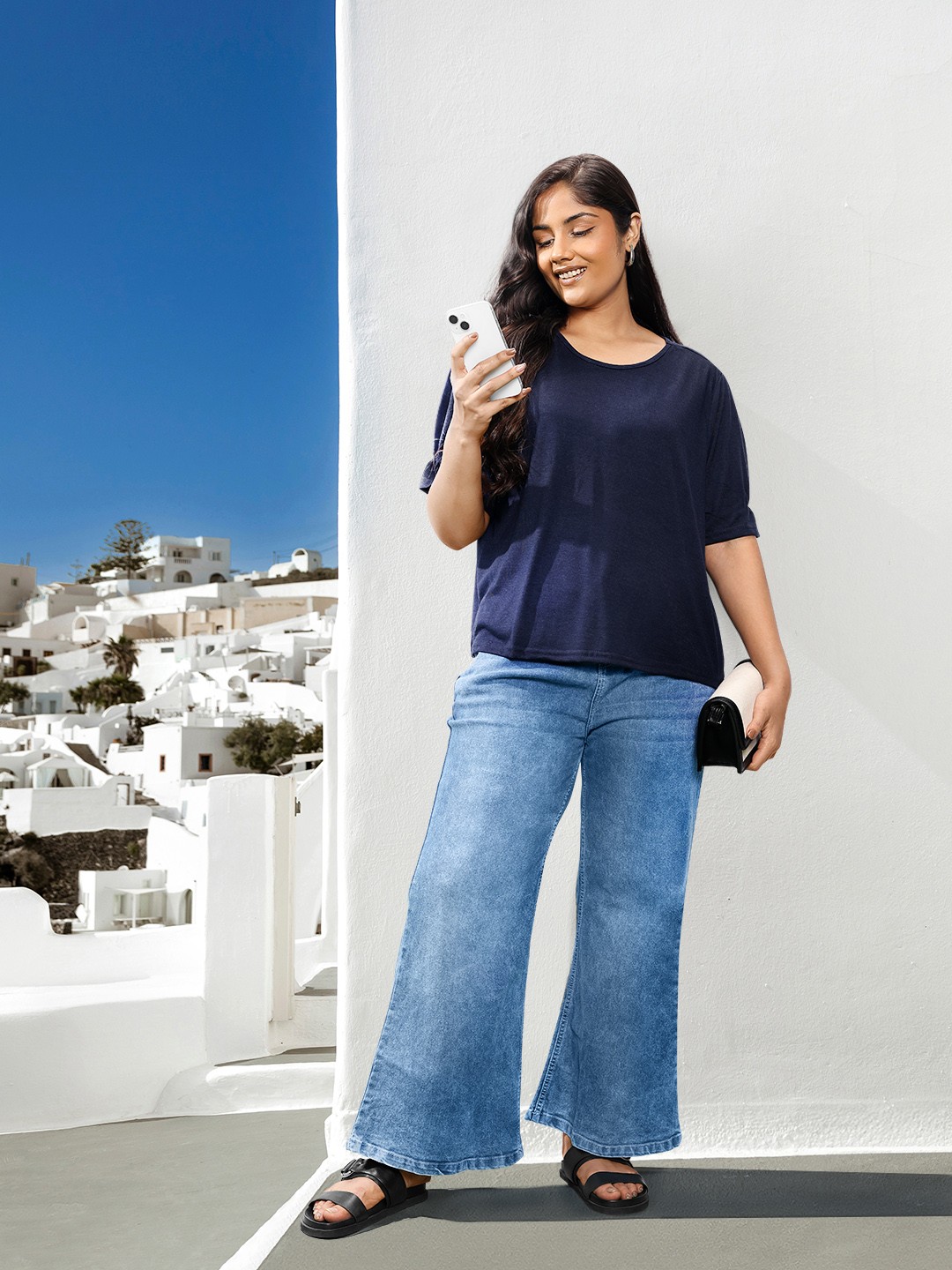 

Sztori Plus Size Puff Sleeves Knitted Top, Navy blue