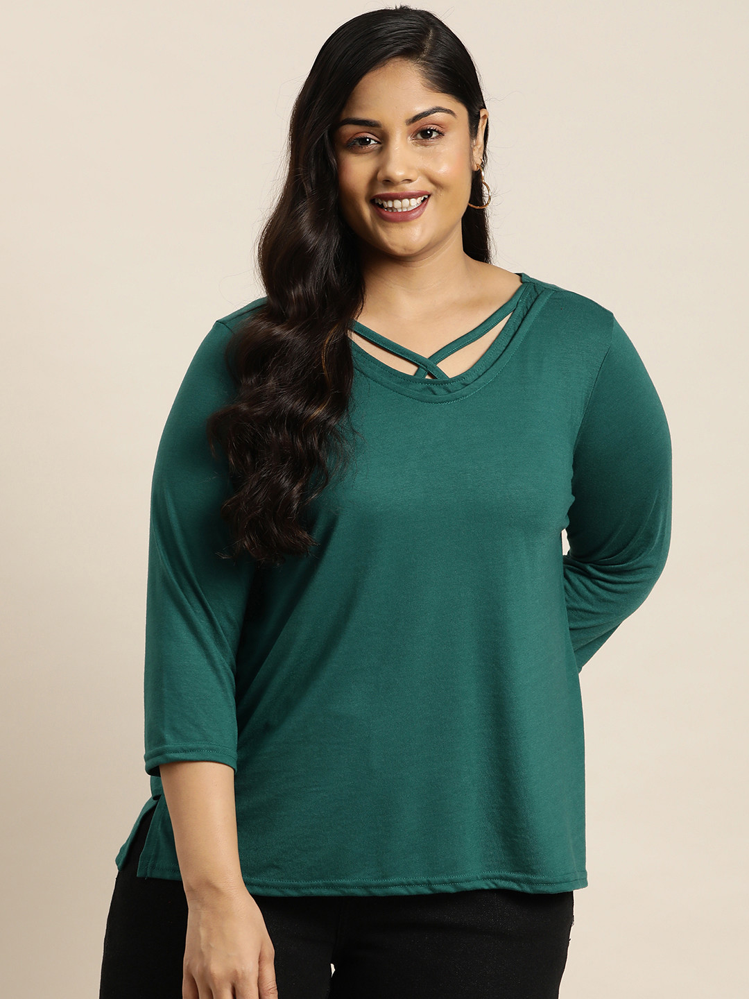 

Sztori Plus Size Lattice Neck High-Low Top, Green