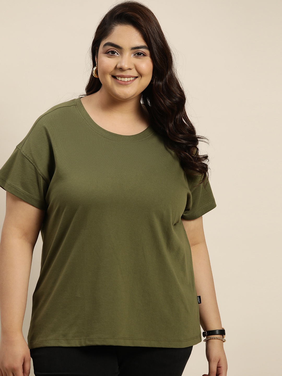 

Sztori Women Plus Size Solid Drop-Shoulder Sleeves T-shirt, Olive