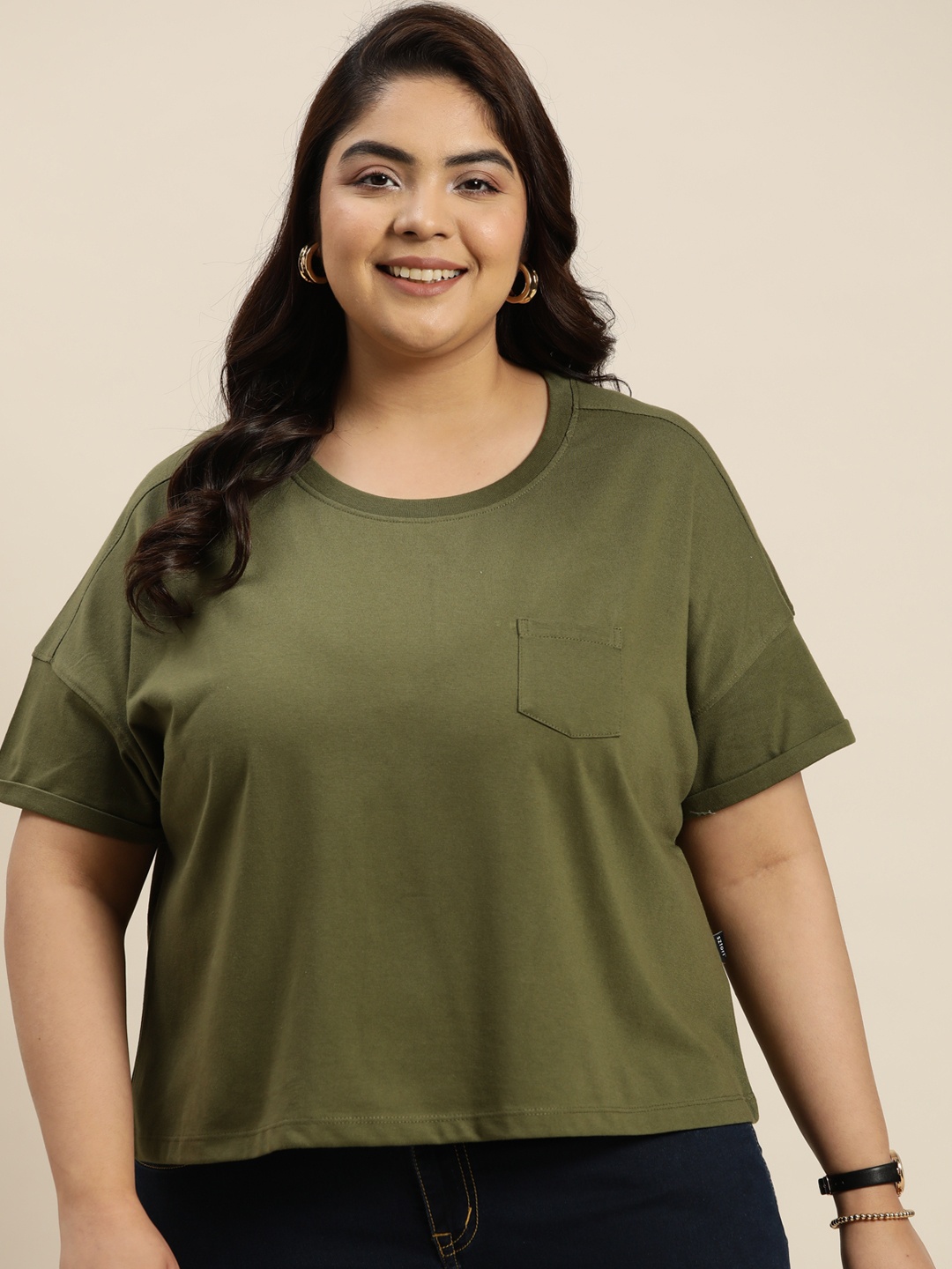 

Sztori Women Plus Size Solid Drop-Shoulder Sleeves T-shirt, Olive