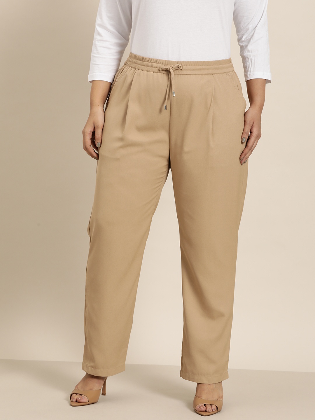 

Sztori Women Plus Size Straight Fit Pleated Trousers, Beige