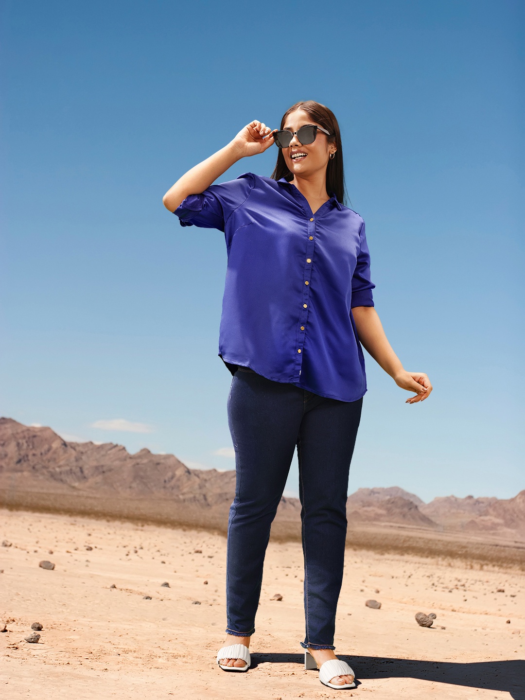 

Sztori Plus Size Satin-Finish Casual Shirt, Blue