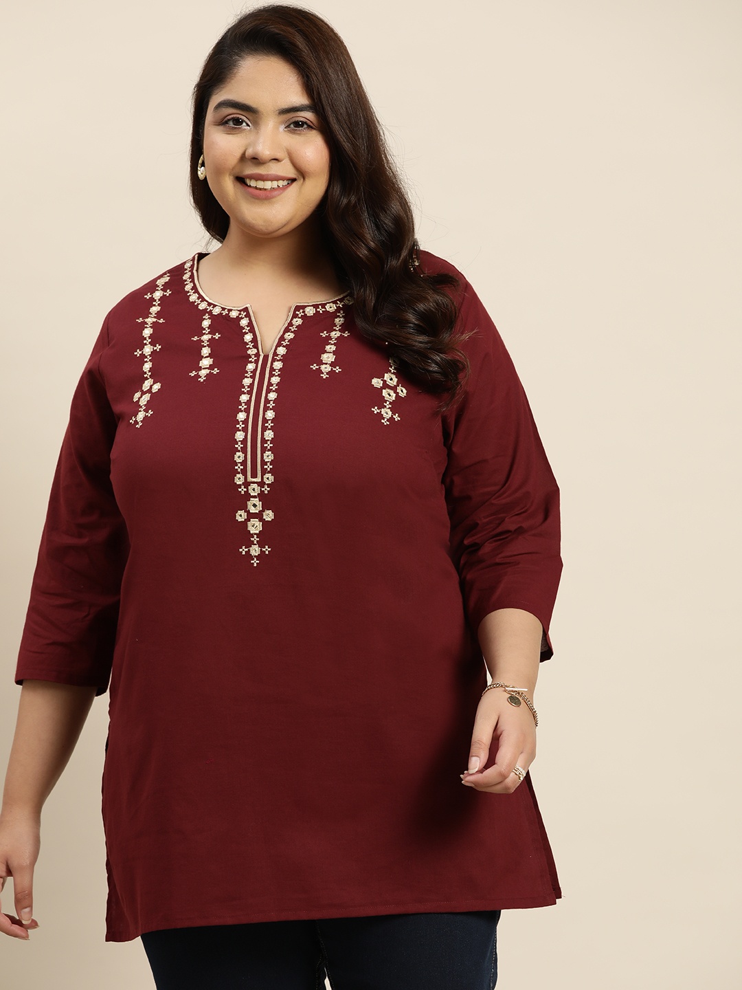 

Sztori Plus Size Ethnic Motifs Embroidered Yoke Design Pure Cotton Short Kurti, Maroon