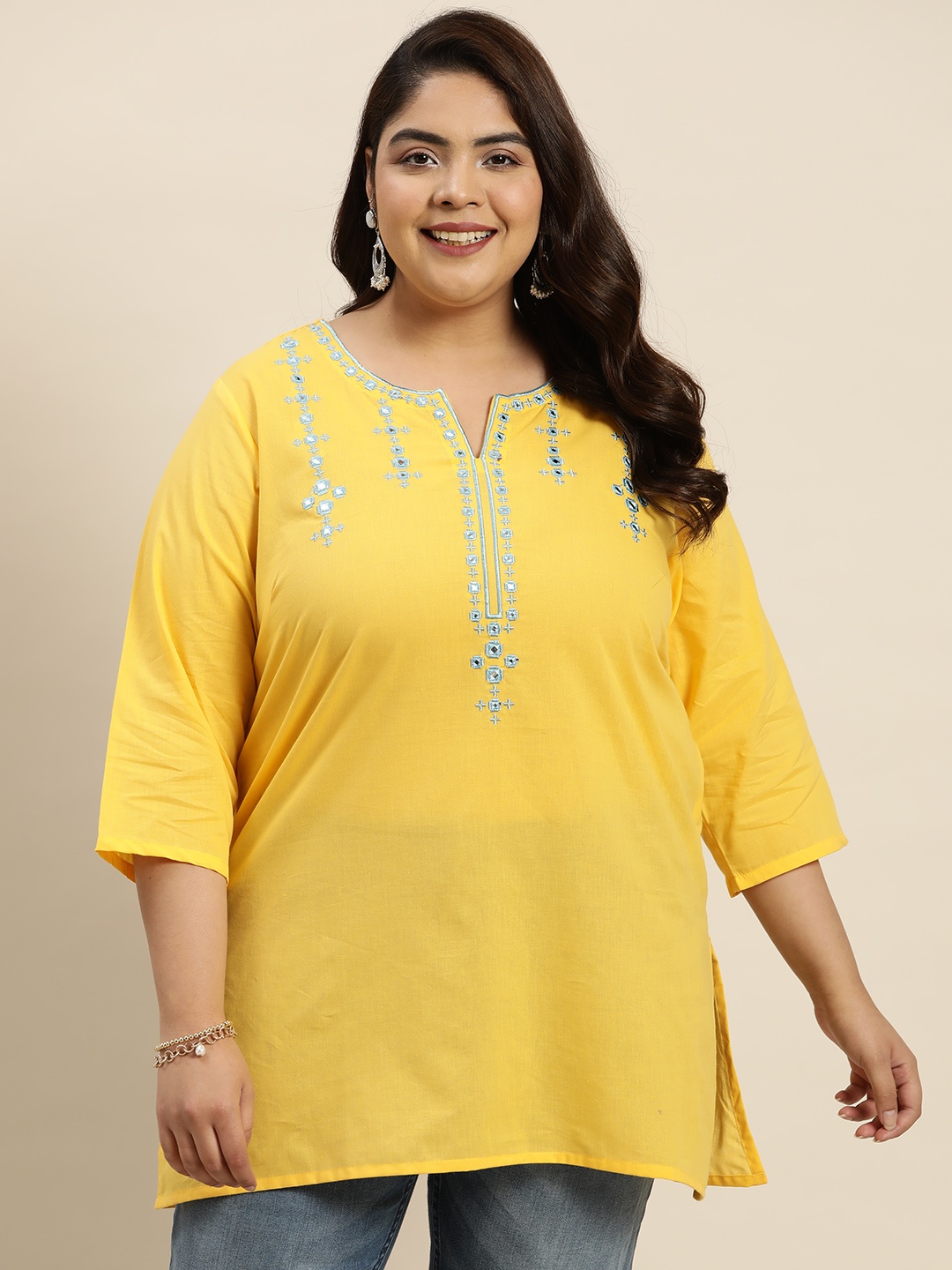 

Sztori Plus Size Ethnic Motifs Embroidered Yoke Design Pure Cotton Short Kurti, Yellow