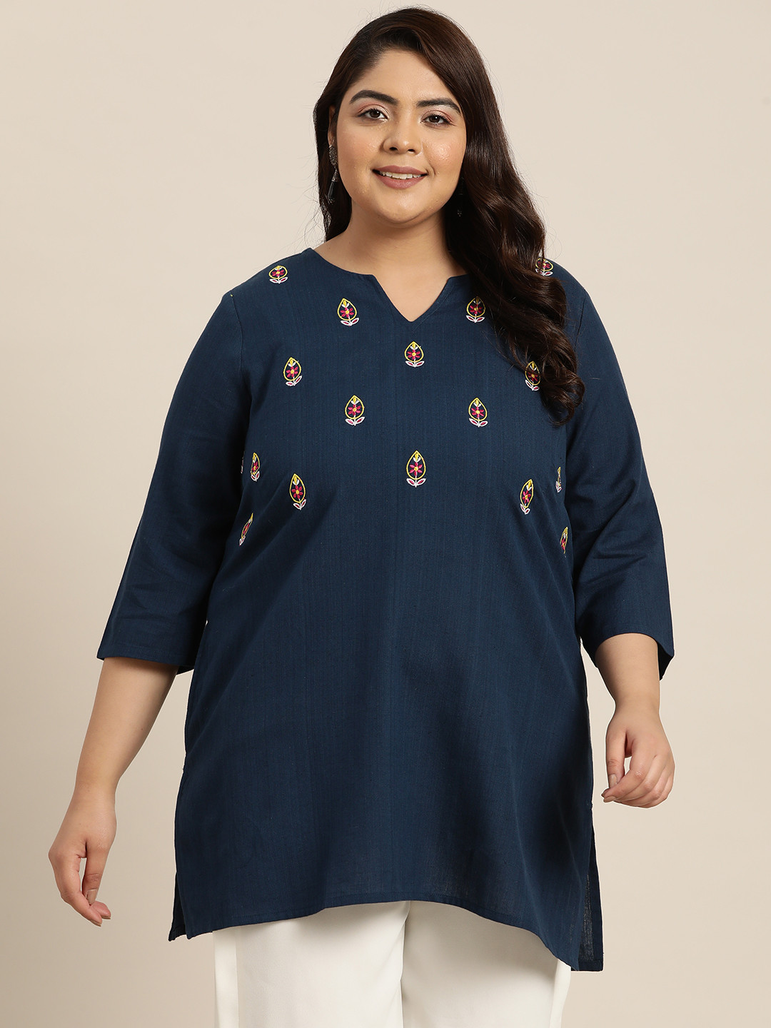 

Sztori Plus Size Ethnic Motifs Embroidered Kurti, Navy blue