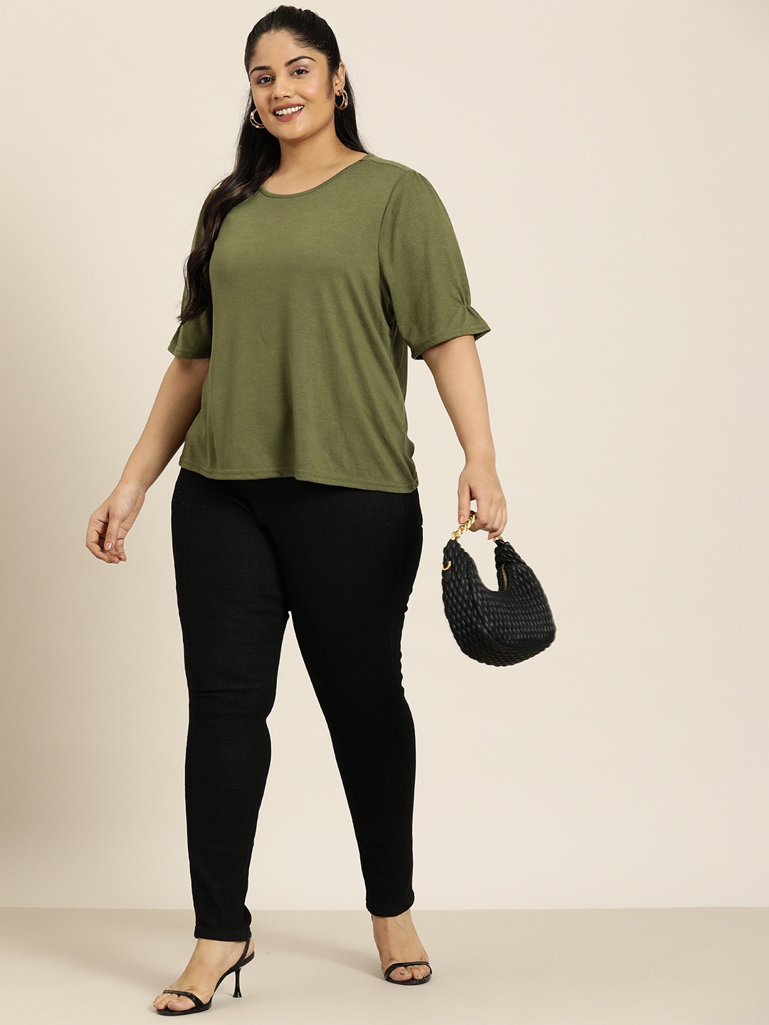 

Sztori Plus Size Puff Sleeves Knitted Top, Olive