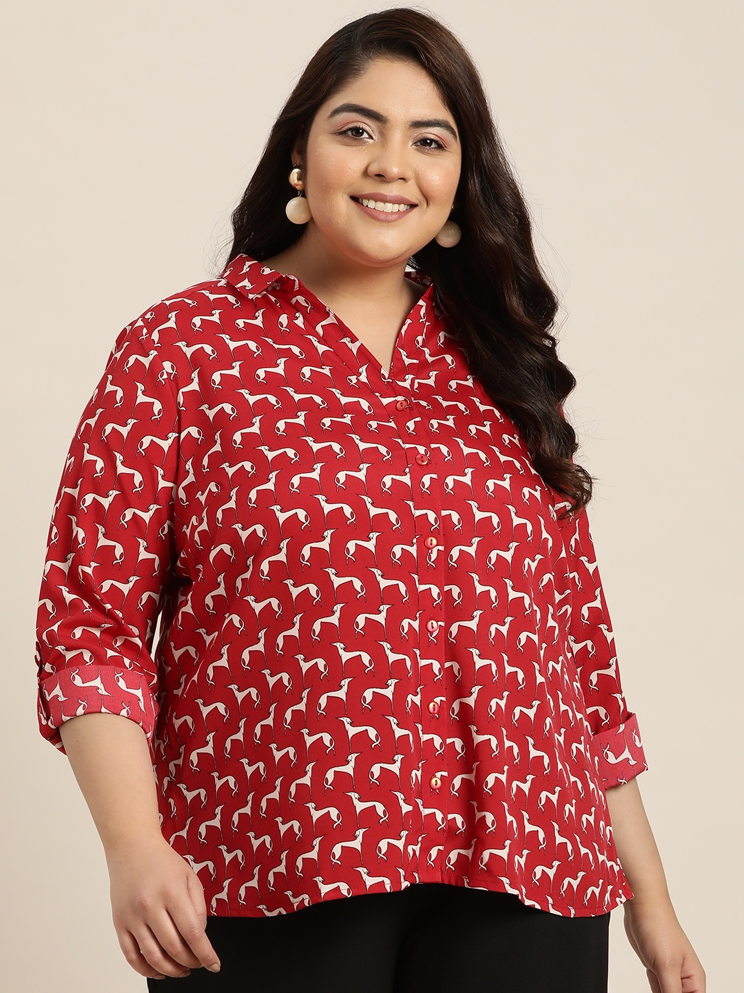 

Sztori Plus Size Printed Casual Shirt, Red