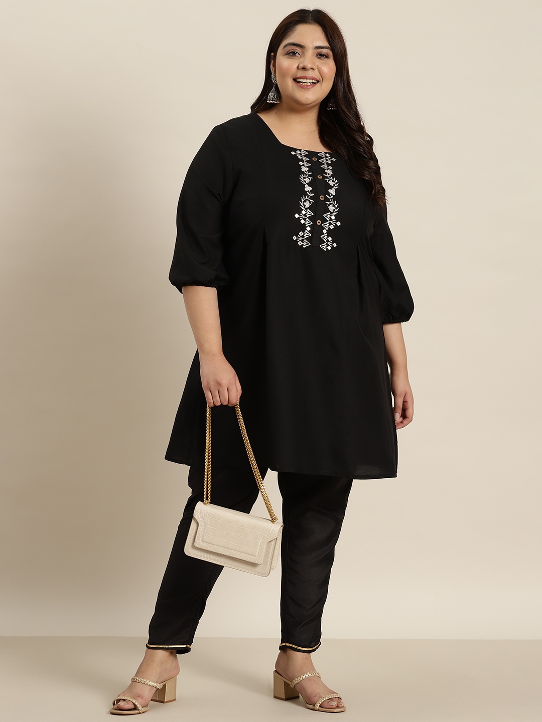 

Sztori Women Plus Size Embroidered Yoke Design Pleated A-Line Kurta, Black