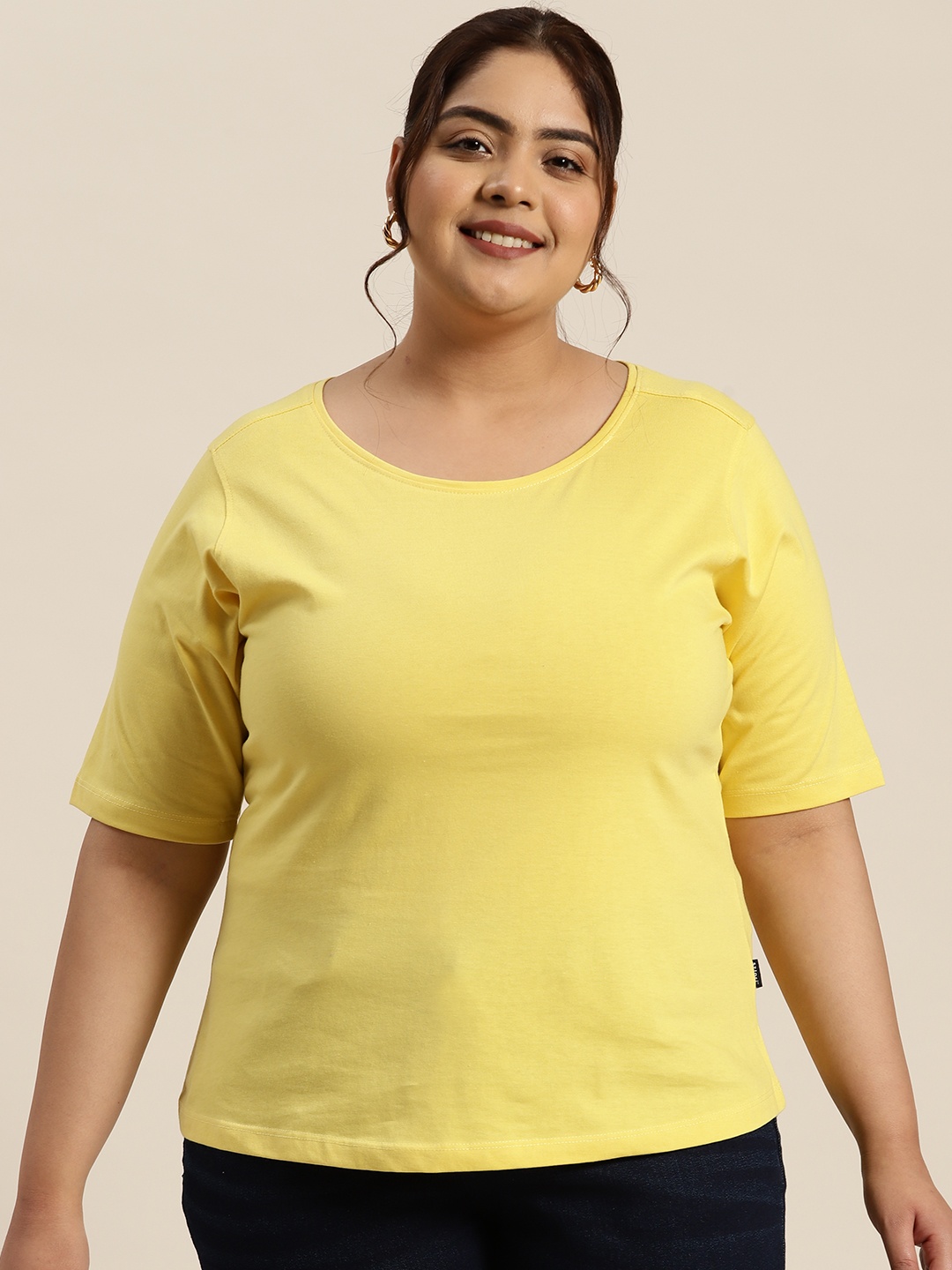

Sztori Plus Size Solid Round Neck T-shirt, Yellow