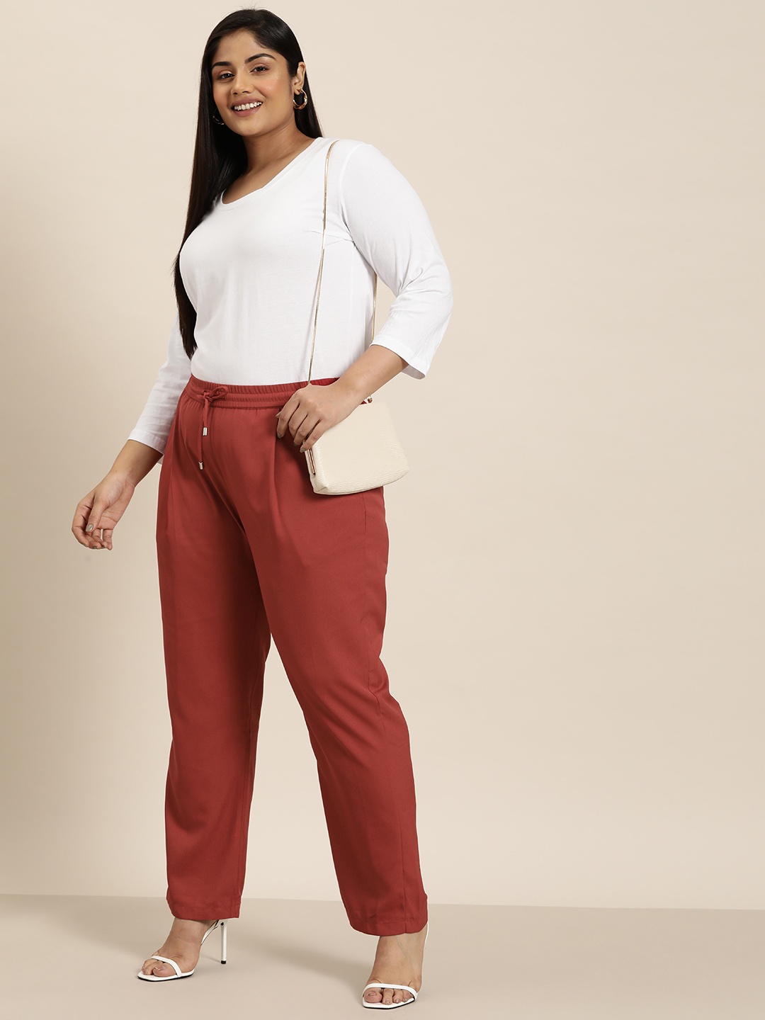 

Sztori Women Plus Size Straight Fit Pleated Trousers, Maroon