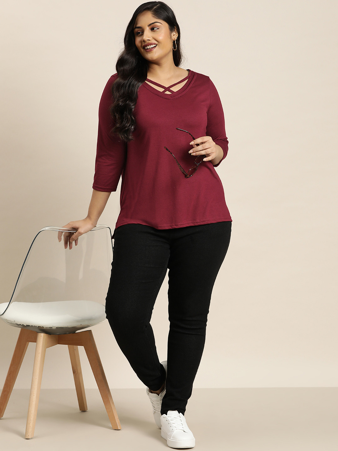 

Sztori Plus Size Lattice Neck High-Low Top, Maroon