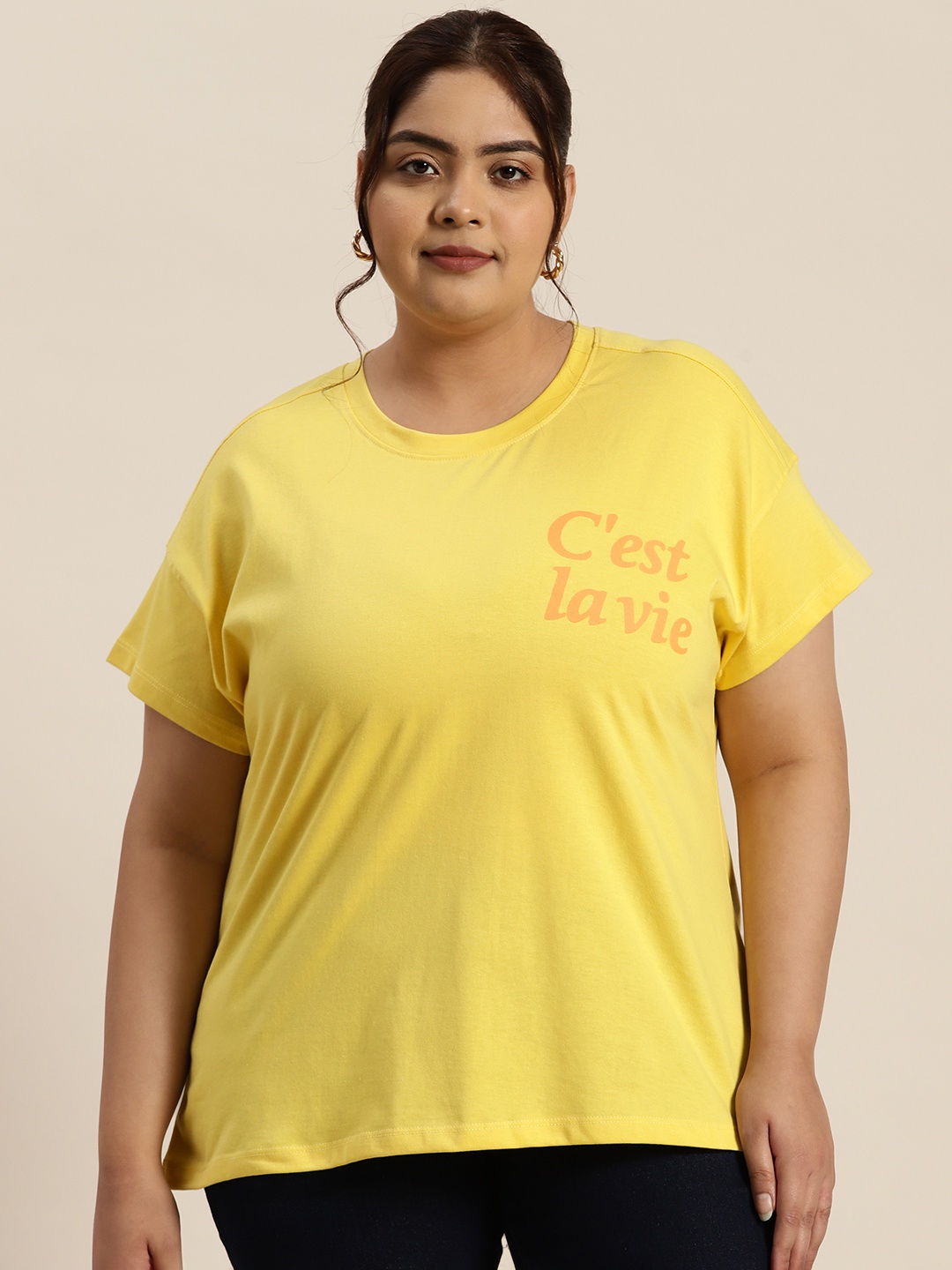 

Sztori Plus Size Printed Round Neck T-shirt, Yellow