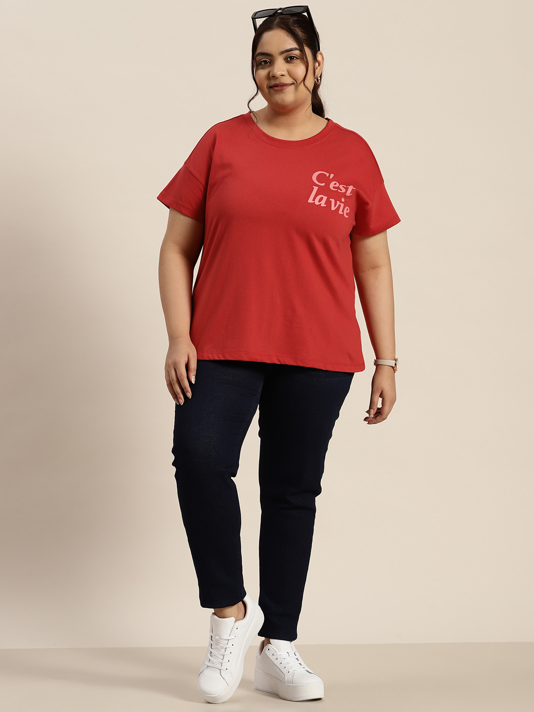 

Sztori Plus Size Printed Round Neck T-shirt, Rust