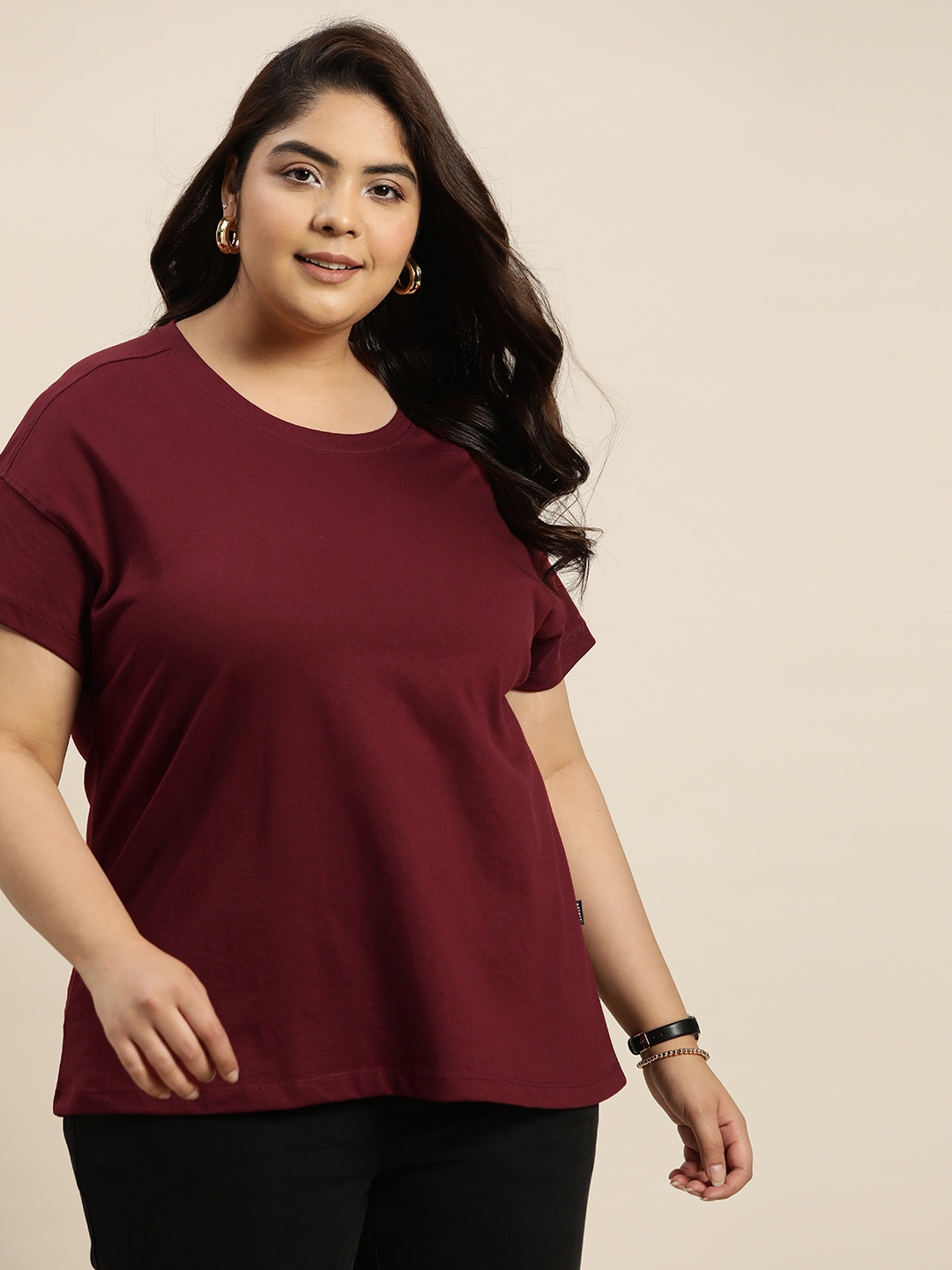 

Sztori Women Plus Size Solid Drop-Shoulder Sleeves T-shirt, Maroon