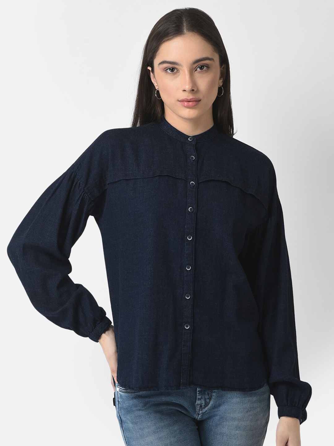 

Crimsoune Club Navy Blue Mandarin Collar Denim Shirt Style Top