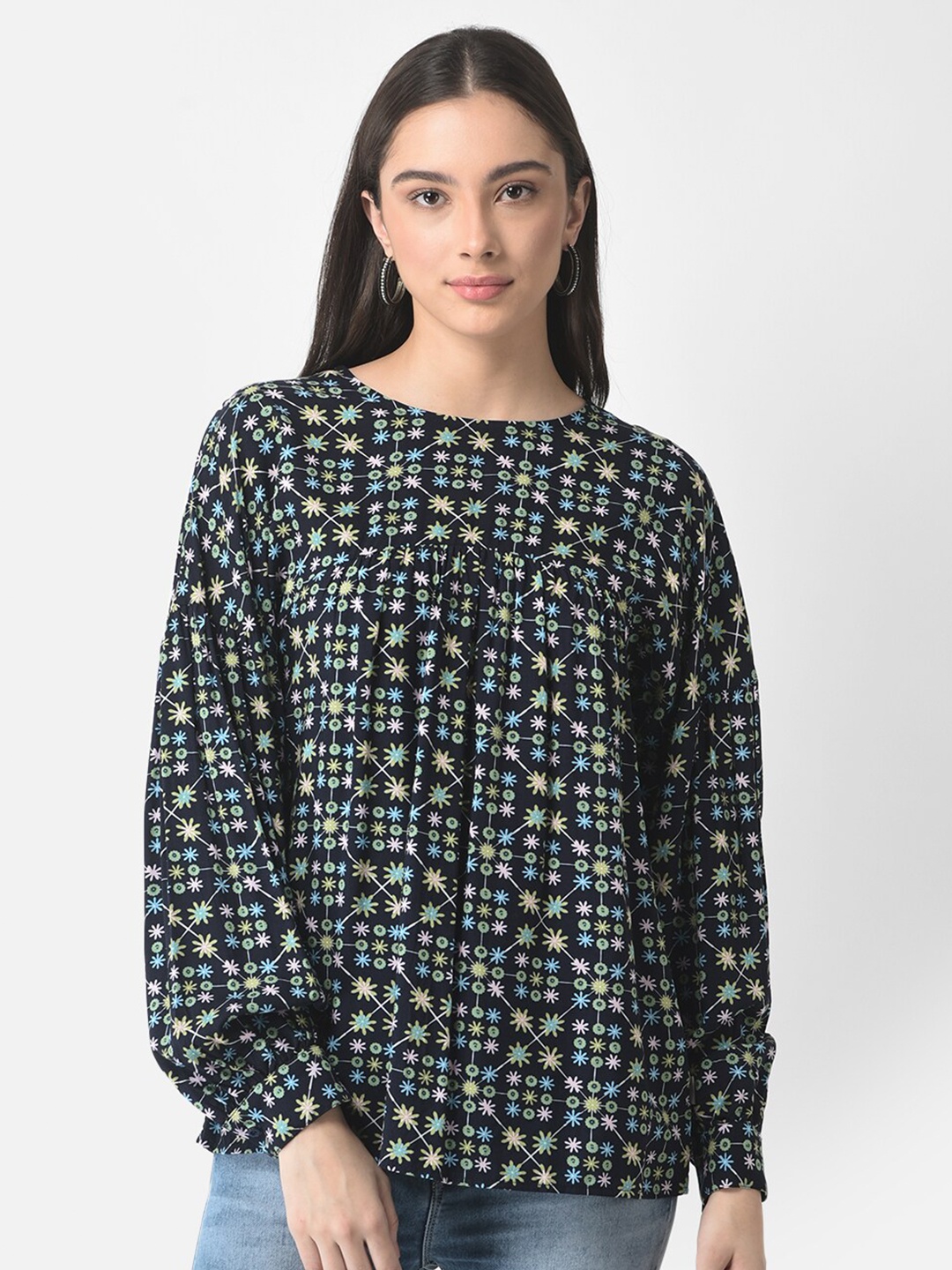 

Crimsoune Club Navy Blue Geometric Print Top