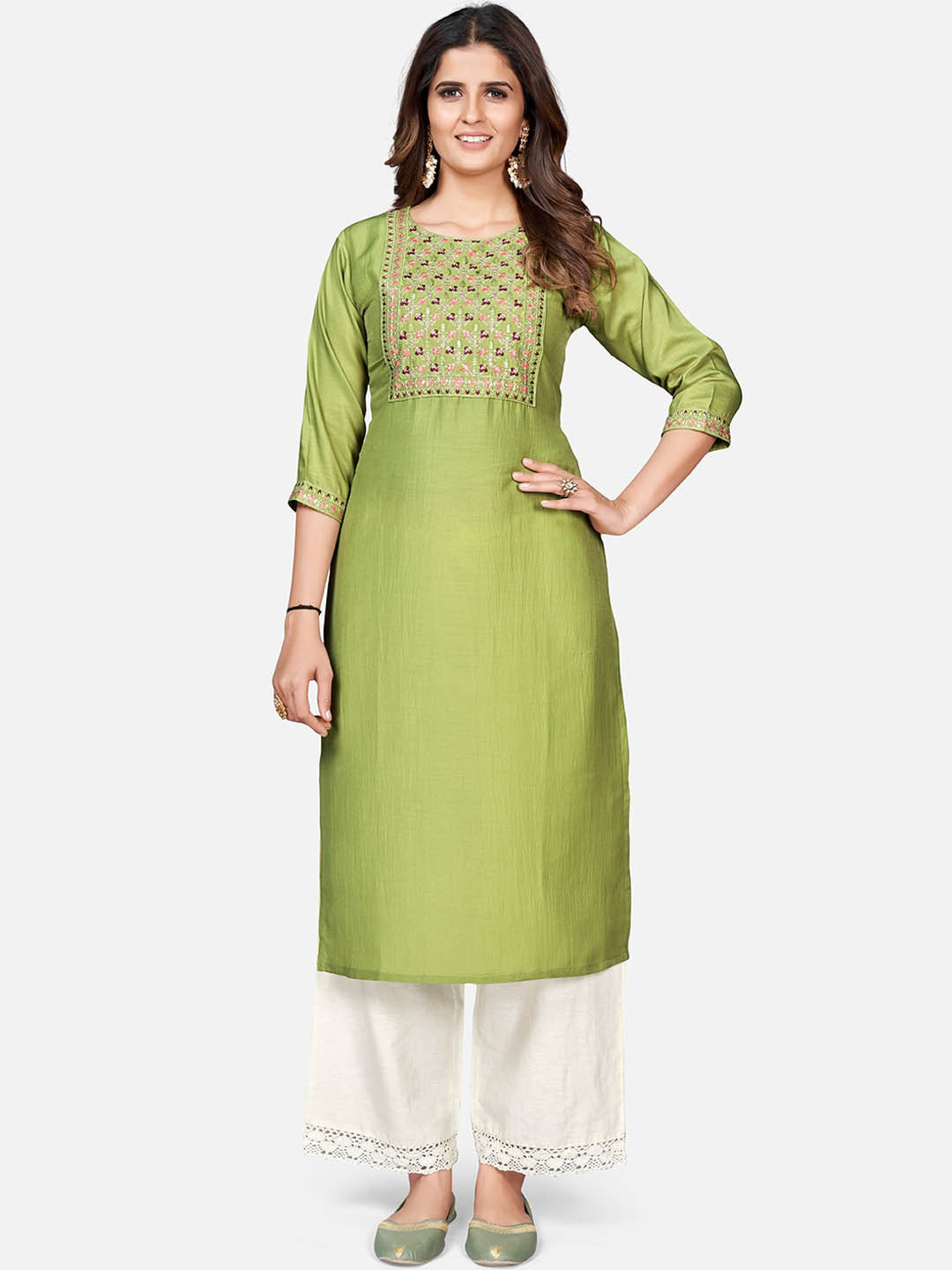 

Vbuyz Floral Yoke Design Raw Silk Kurta, Green