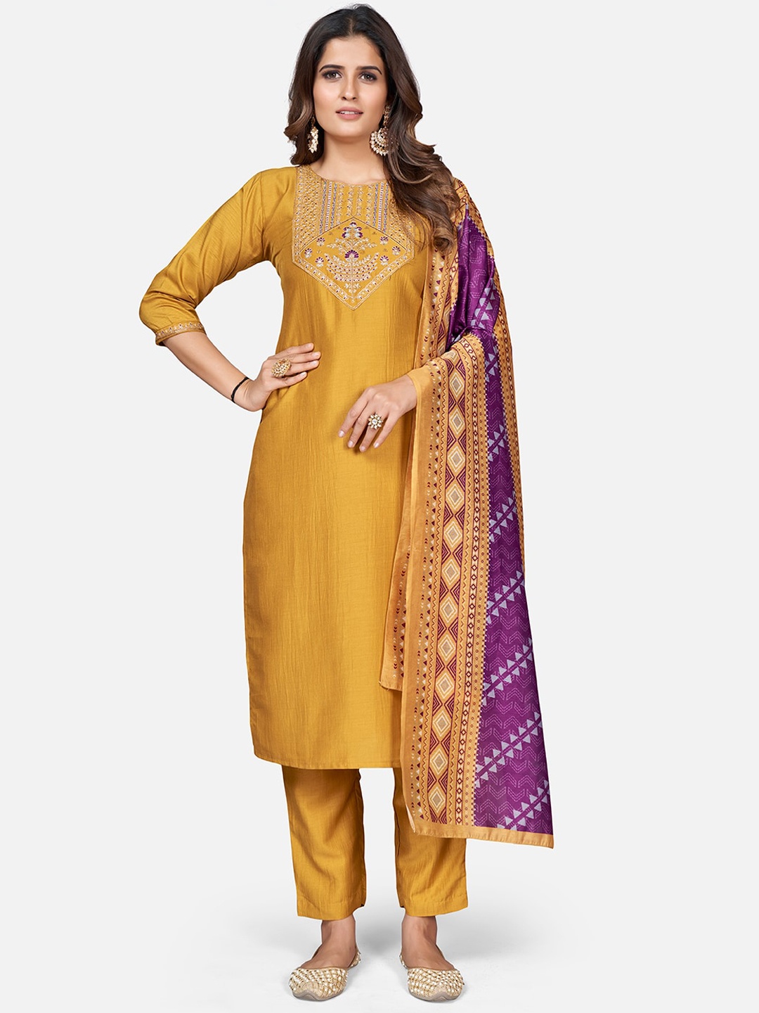 

Vbuyz Women Floral Embroidered Thread Work Kurta with Trousers & With Dupatta, Mustard