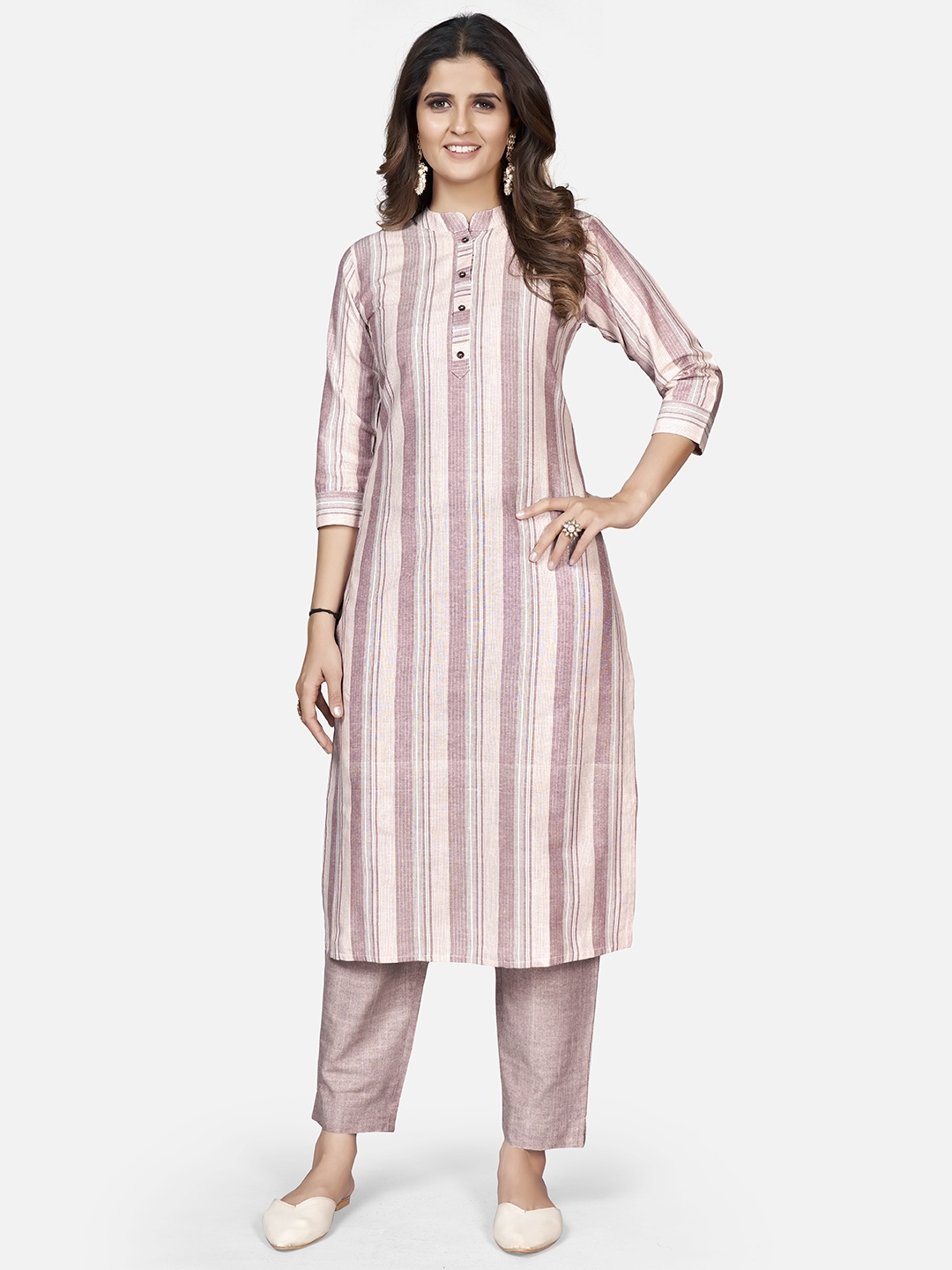 

Vbuyz Women Rose Gold Striped Thread Work Kurta