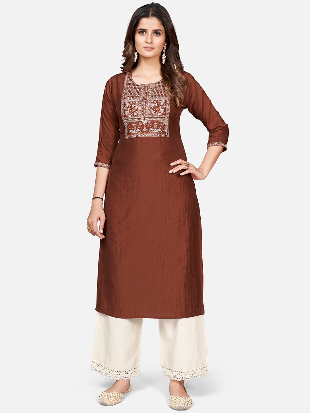 

Vbuyz Round Neck A-Line Floral Yoke Design Raw Silk Kurta, Brown
