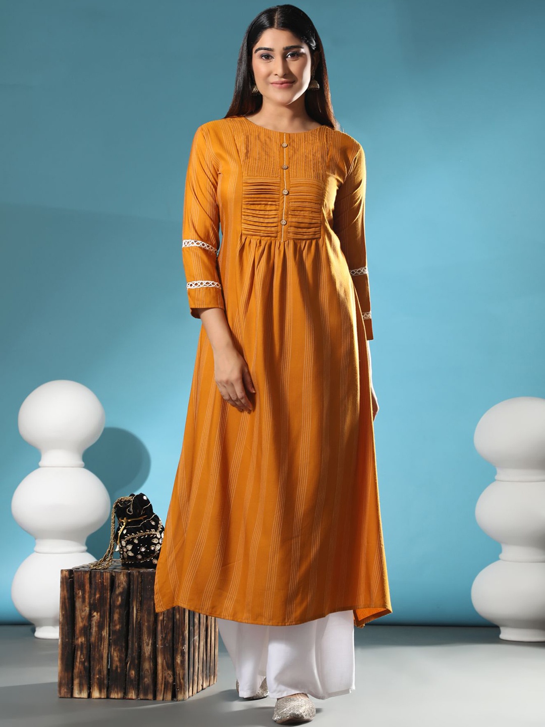 

KALINI Pleated Linen Kurta with Palazzos, Mustard