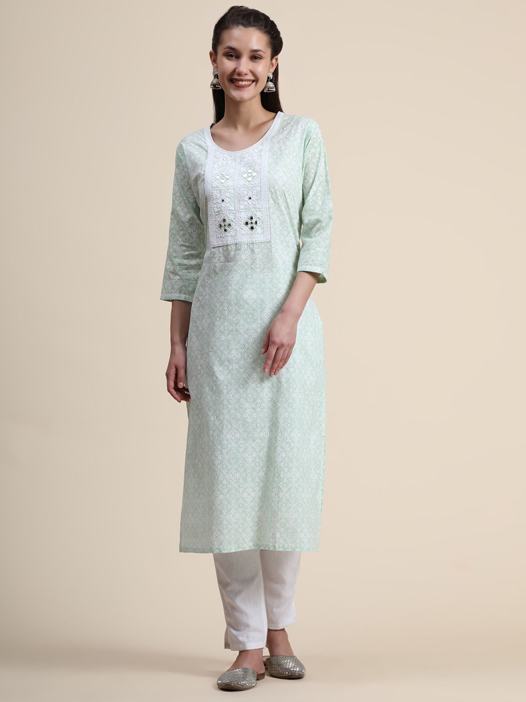 

KALINI Ethnic Motifs Printed Mirror Work Linen Kurta with Trousers, Sea green